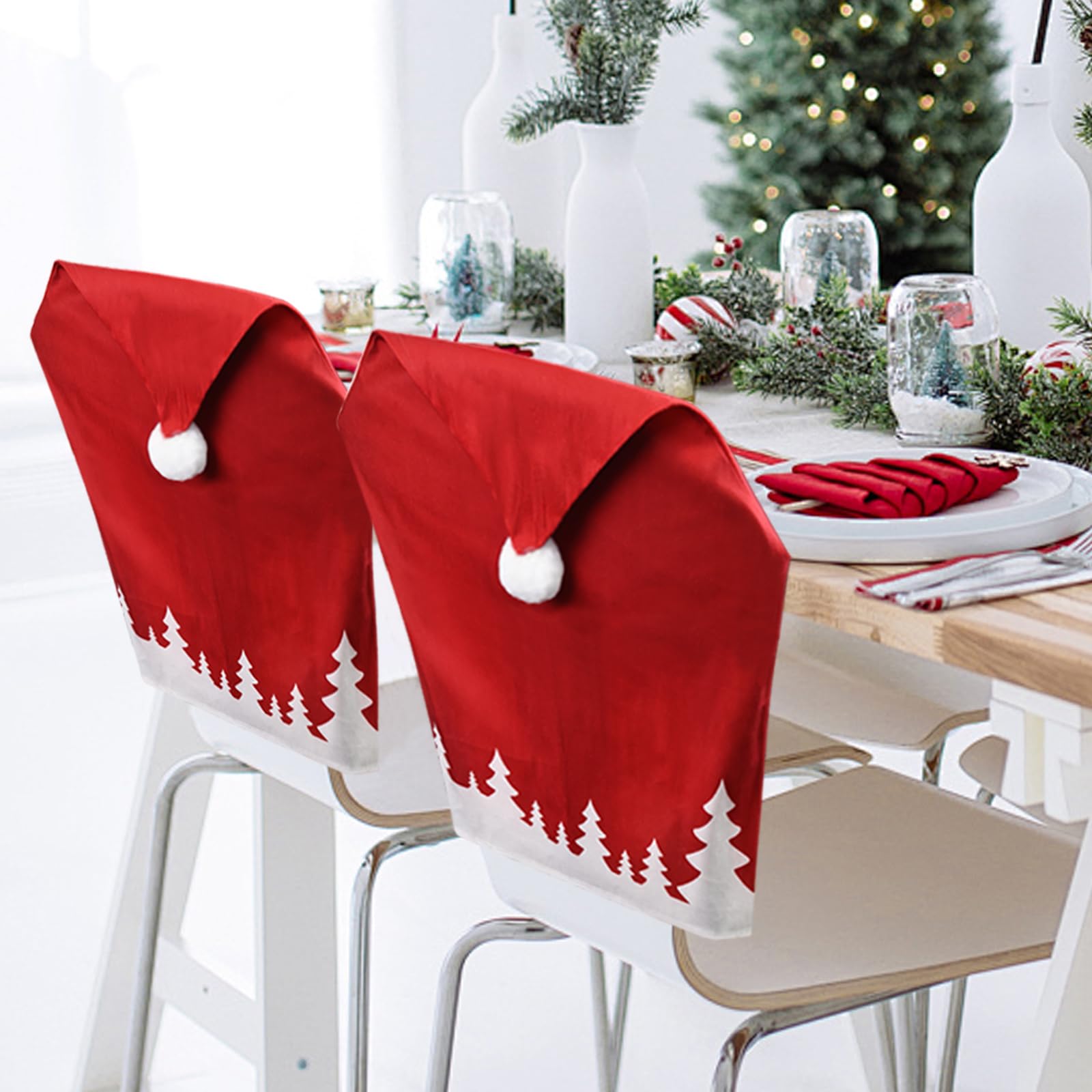 Anywork 2PCS Christmas Chair Covers, Red Christmas Santa Claus Hat Xmas Chair Slipcovers Sets for Xmas Holiday Home Kitchen Decorations Dining Room,