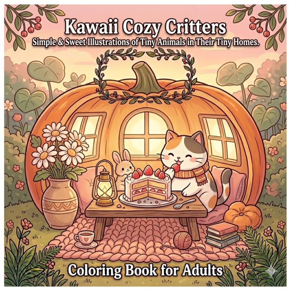 Kawaii Cozy Critters: Simple and Sweet Coloring Book for Adults and Teens with Tiny Animals in Their Tiny Homes – Easy, Bold, and Stress-Relieving Designs for Relaxation