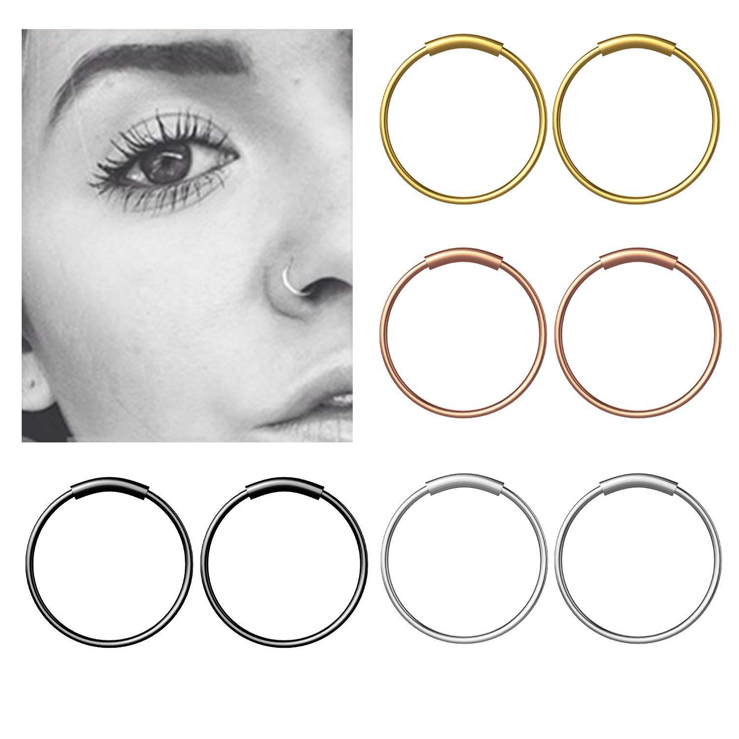 Fullsexy 8pcs Anelli Cerchio di Naso Acciaio Inox Anello Cerniera Cartilagine Piercing Hoop - 8mm 4 Colori Nero + Argento + Oro + Oro rosa