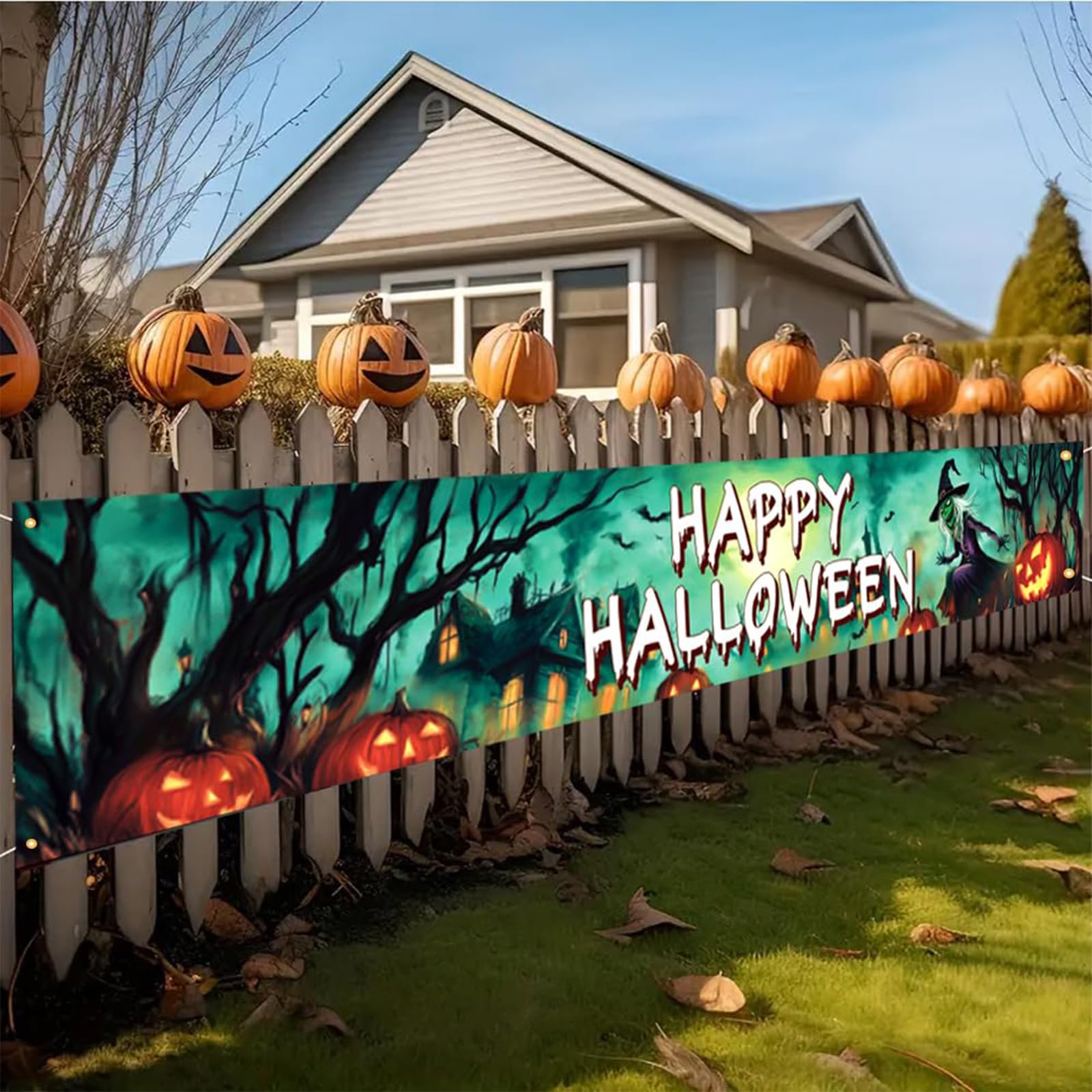 Happy Halloween Large Banner Outdoor 300x50cm Witch Green Yard SignBackdrop