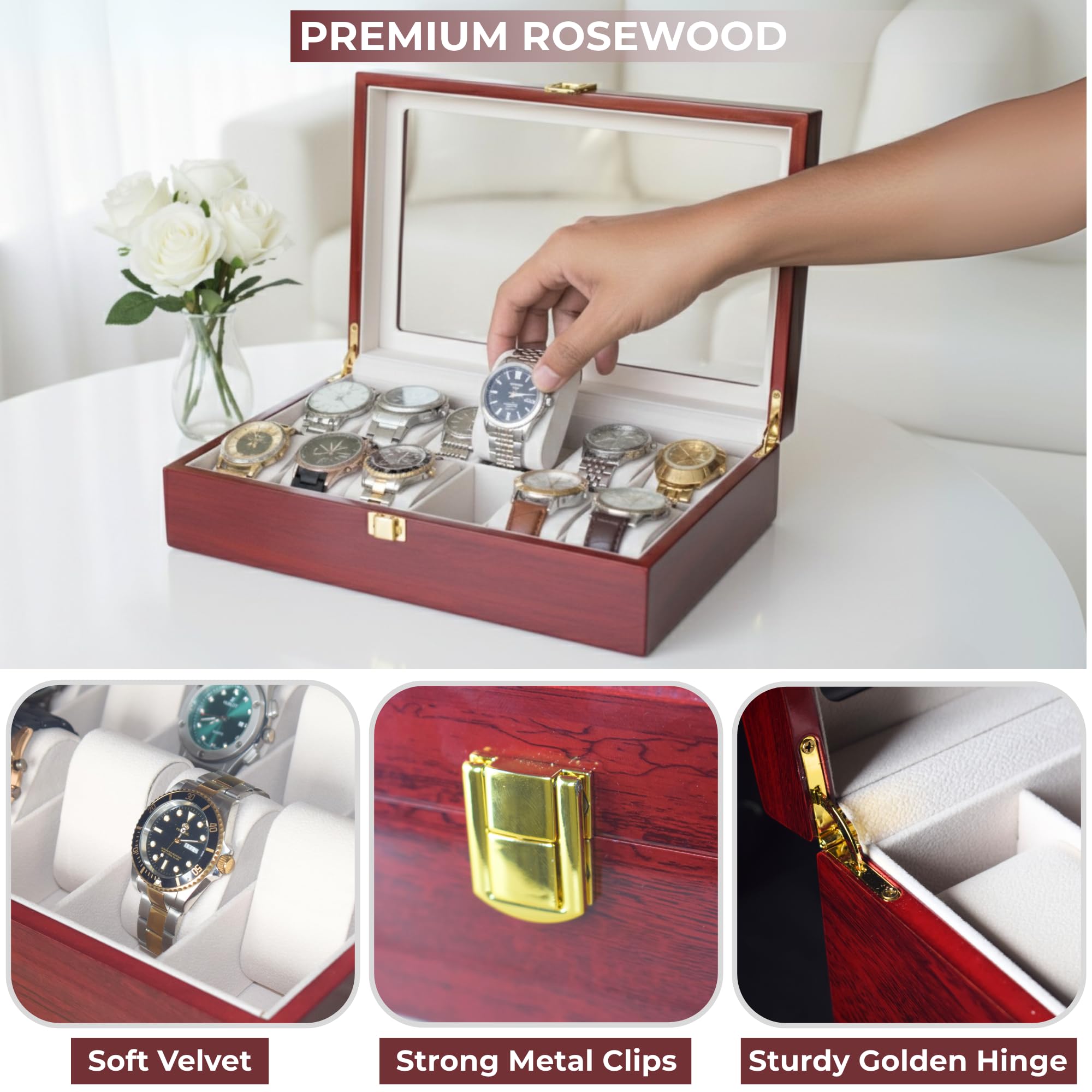 Boîtier de montre en palissandre de qualité supérieure avec finition brillante – Boîte à montres à 12 emplacements avec couvercle en verre – Organiseur de luxe pour montres pour homme et