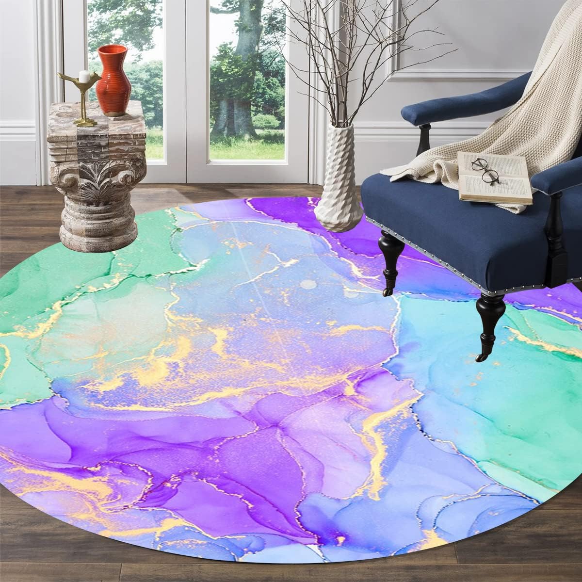 Teal Purple Gold Marble Modern Abstract Round Area Rug for