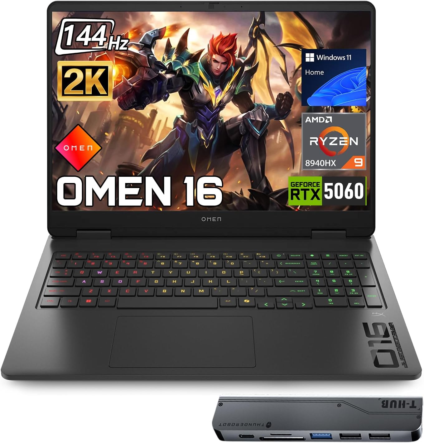 Omen RTX 5060 Gaming Laptop, 16.1" FHD+ 144Hz, AMD Ryzen 9 8940HX, 32GB DDR5 RAM, 1TB SSD, RGB Backlit KB, RJ-45, Bundle with Thunderobot 7 in-1 USB-C Hub, Black, Windows 11 Home