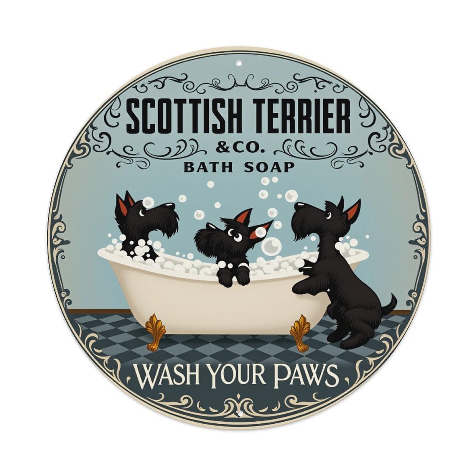 Scottish Terrier Bath Soap Label Round Metal Tin Sign Vintage Wall Decor, Bar Garage Cafe Kitchen Home Wall Art Poster 8x8inches