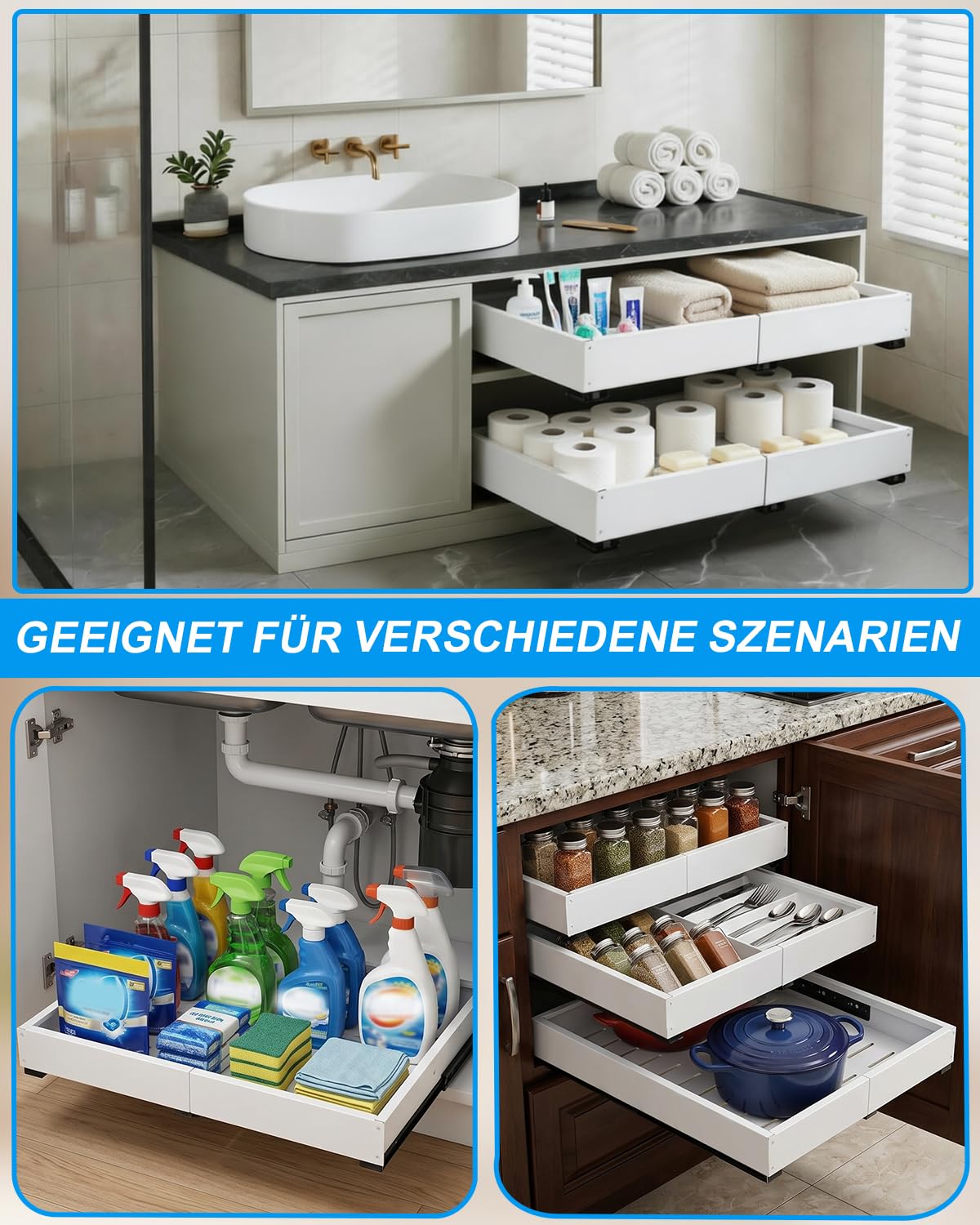 2 Stück Ausziehbare Schublade Küche,Metall 4 Richtungen Verstellbare Teleskopschublade,Breite 30-49 cm&Tiefe 42-55 cm,Schraub-/Klebemontage,Küchenschrank Organizer Ausziehbare,Weiß