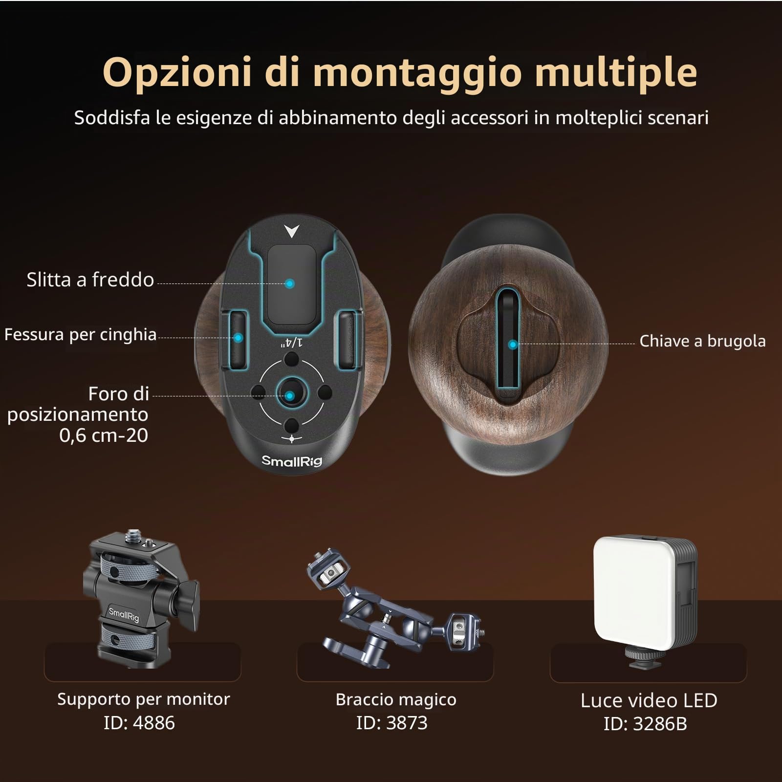 SMALLRIG Maniglia laterale in legno per gabbie per fotocamere con vite di posizionamento due in uno, regolazione verticale di 29 mm / 1,14 pollici, capacità di carico di 15 kg / 33,1 libbre - 5238