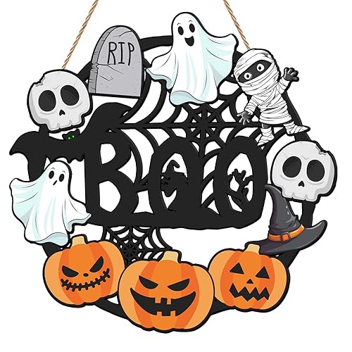 Halloween Wreaths for Front Door, Wooden Boo Door Sign Hanging