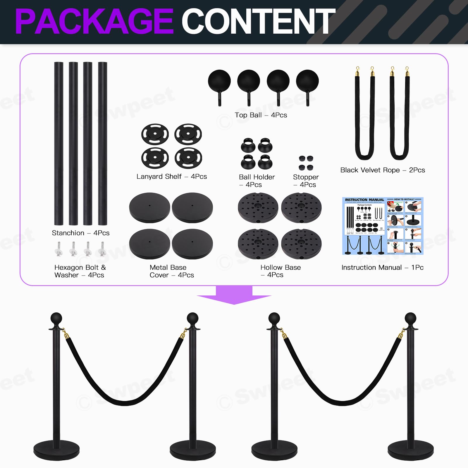 Swpeet 34Pcs Black Stanchion Post Queue Kit con Cuerda de Terciopelo Negro 5 Pies, Postes 38 Pulgadas, Base Metálica