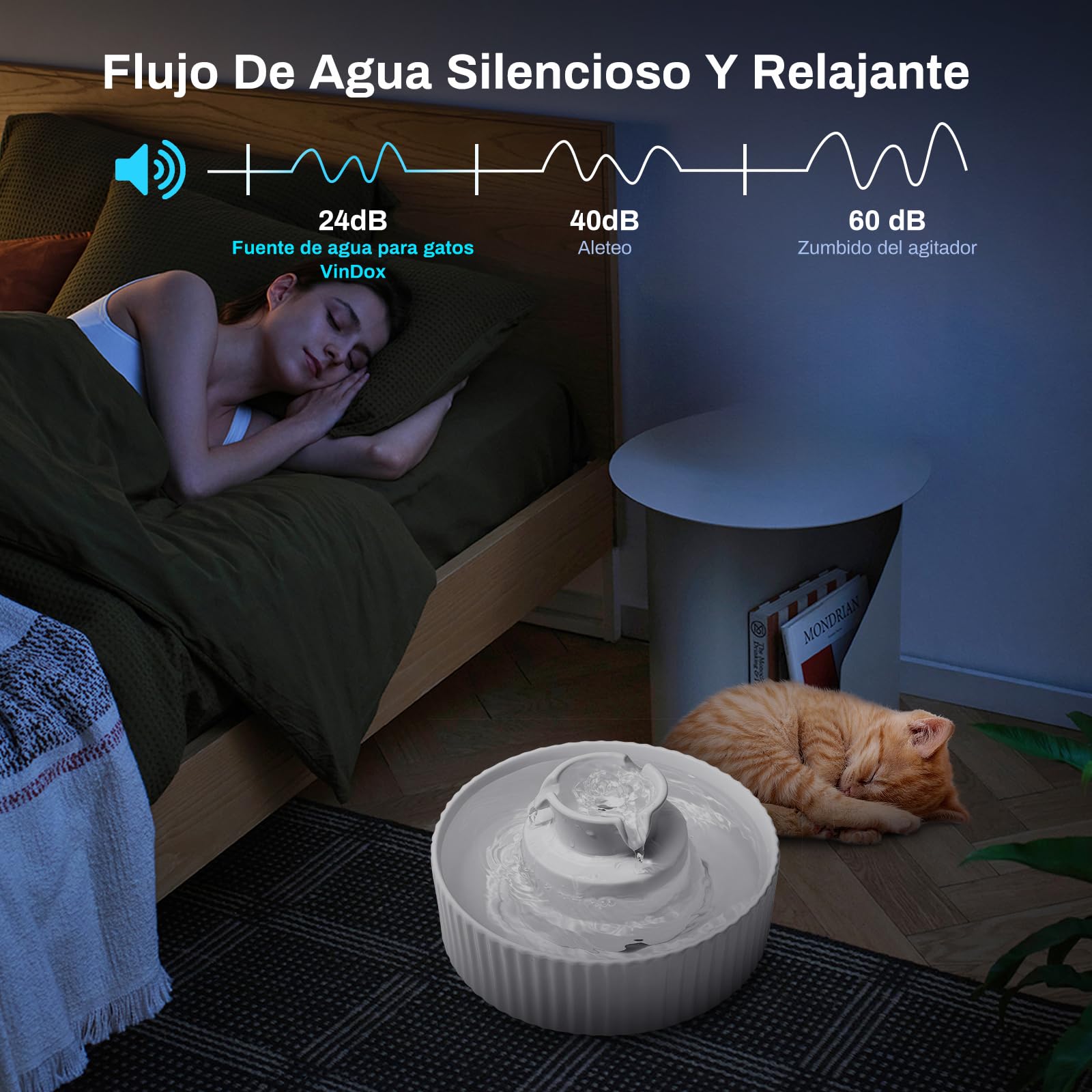 Fuente para gatos de cerámica, 360, 2,1 L, fuente de agua para gatos, cerámica, cuenco para gatos y perros, con filtro de repuesto y bomba inteligente de espuma, color blanco, 2 filtros, 2 bombas