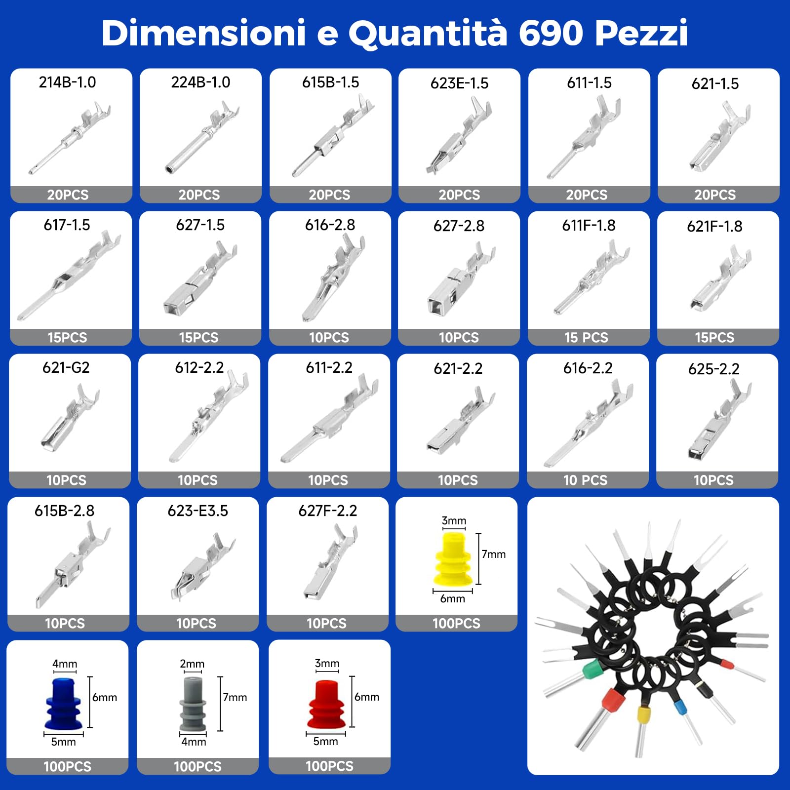 Kit di Broche di Connettore Kfz 708 Pezzi, Accessorio per Strumento di Sgancio 1/1,5/1,8/2,2/2,8/3,5mm per Auto, Moto e Barche