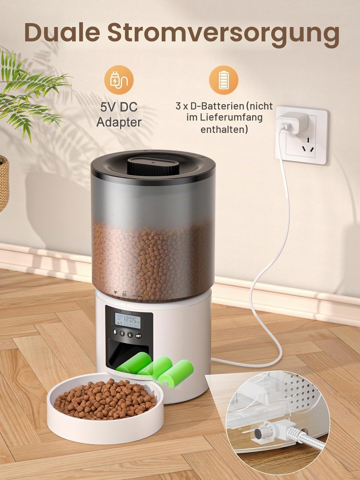 Futterautomat Katze 4L mit Timer, Katzenfutter Automat programmierbar 1–6 Fütterungen Portionskontrolle, Futterspender Katze mit 10s Sprachaufnahme Dual-Strom für kleine & mittlere Haustiere