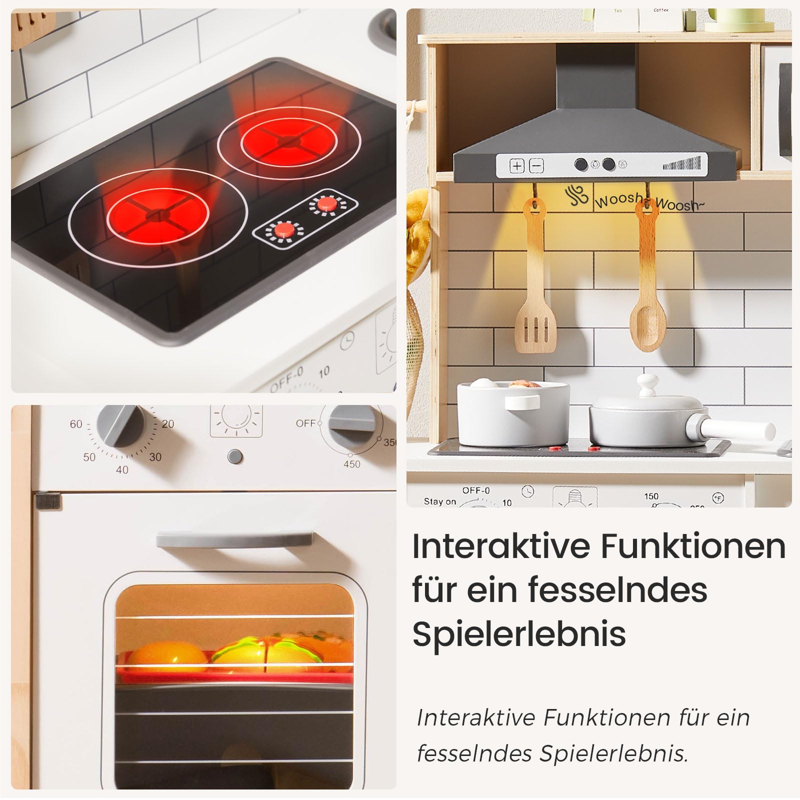 Tiny Land Kinderküche Holz für Kinder mit Licht & Sound, 18-TLG. Zubehör Set, 3-Fach Höhenverstellbare Spielküche für Kinder, Montessori Spielzeug Küche für Jungen & Mädchen, Weiß