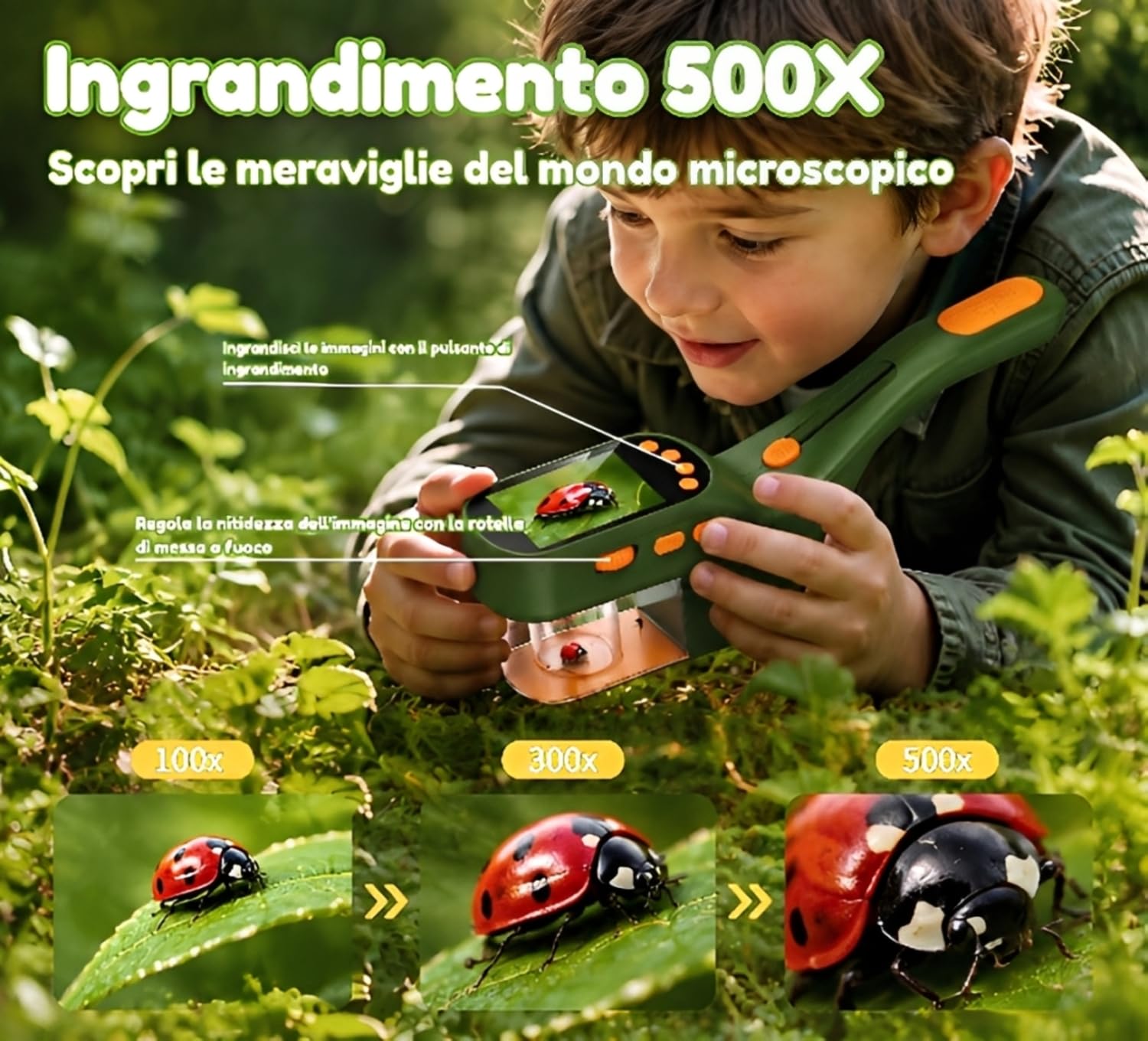 Cattura Insetti Bambini, Microscopio 500X IPS 2,4" 1080P STEM | 4 livelli di luminosità, batteria da 1000 mAh, foto e video, giocattolo di ricerca all'aperto, regalo per bambini dai 3 anni