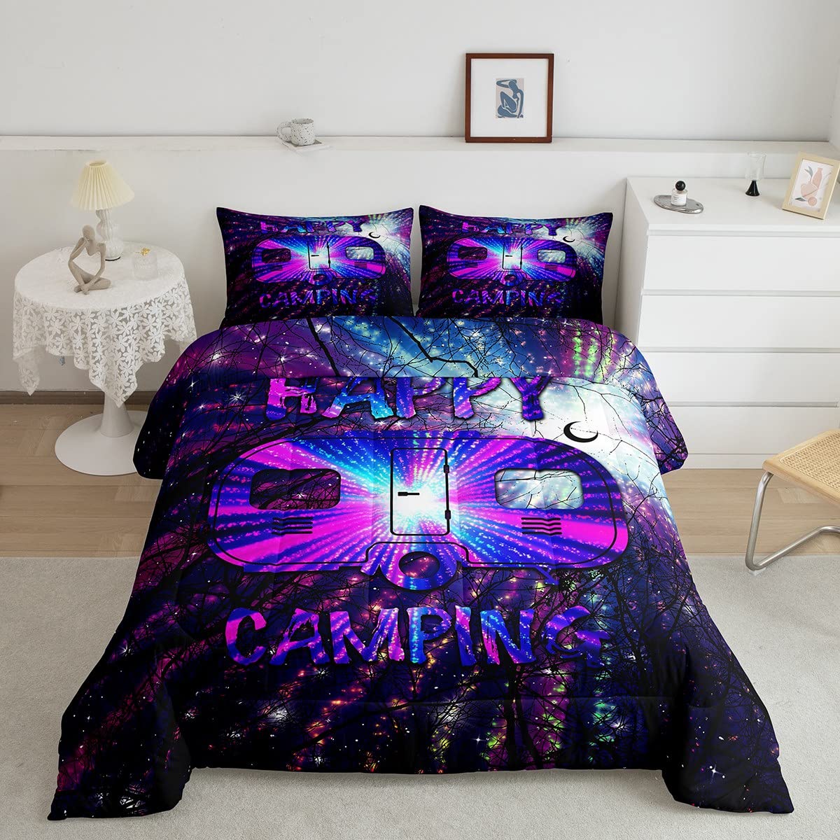 Happy Camping Camper Bedding Set Queen Star Moon Comforter Set Woodland Starry Sky Travel Camp Camper Decor Down Comforter,Rustic Farmhouse Tree Branches Quilt Duvet For Bunk Bed Purple Blue 3 Pcs