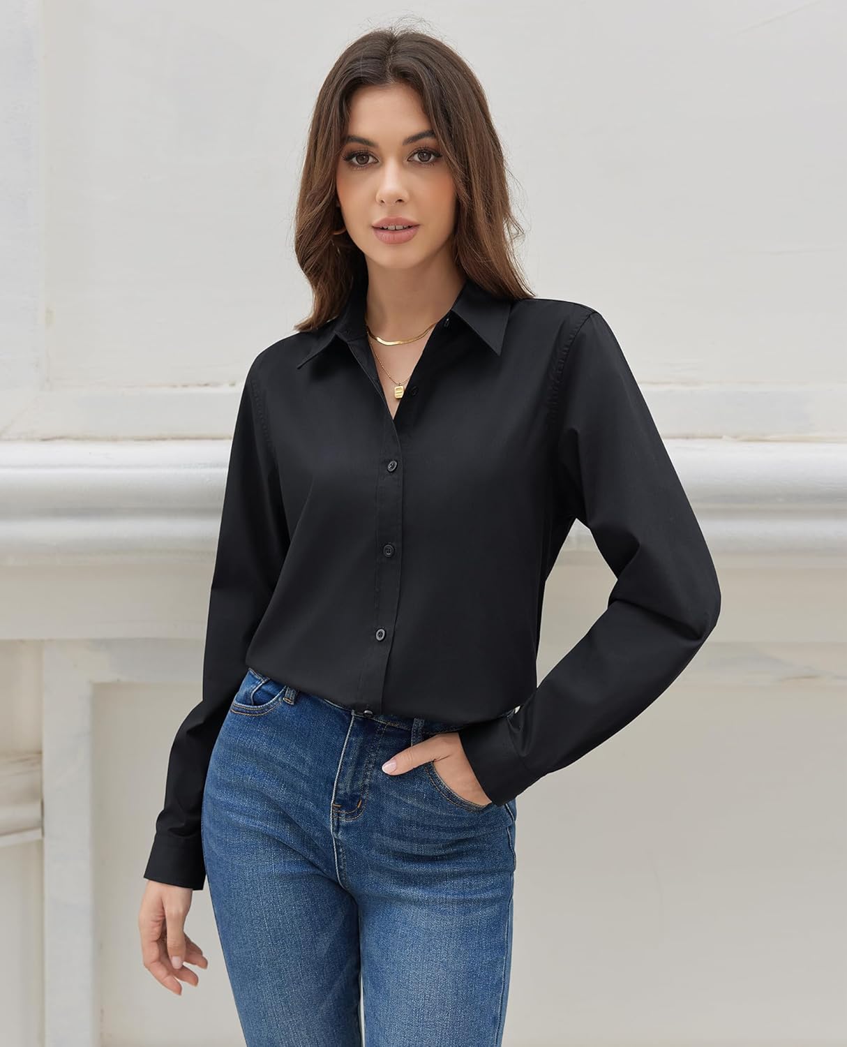 siliteelon Button Down Shirts for Women Dress Shirt Cotton Long Sleeve Collared Shirt Business Work Office Blouse Top - Image 3