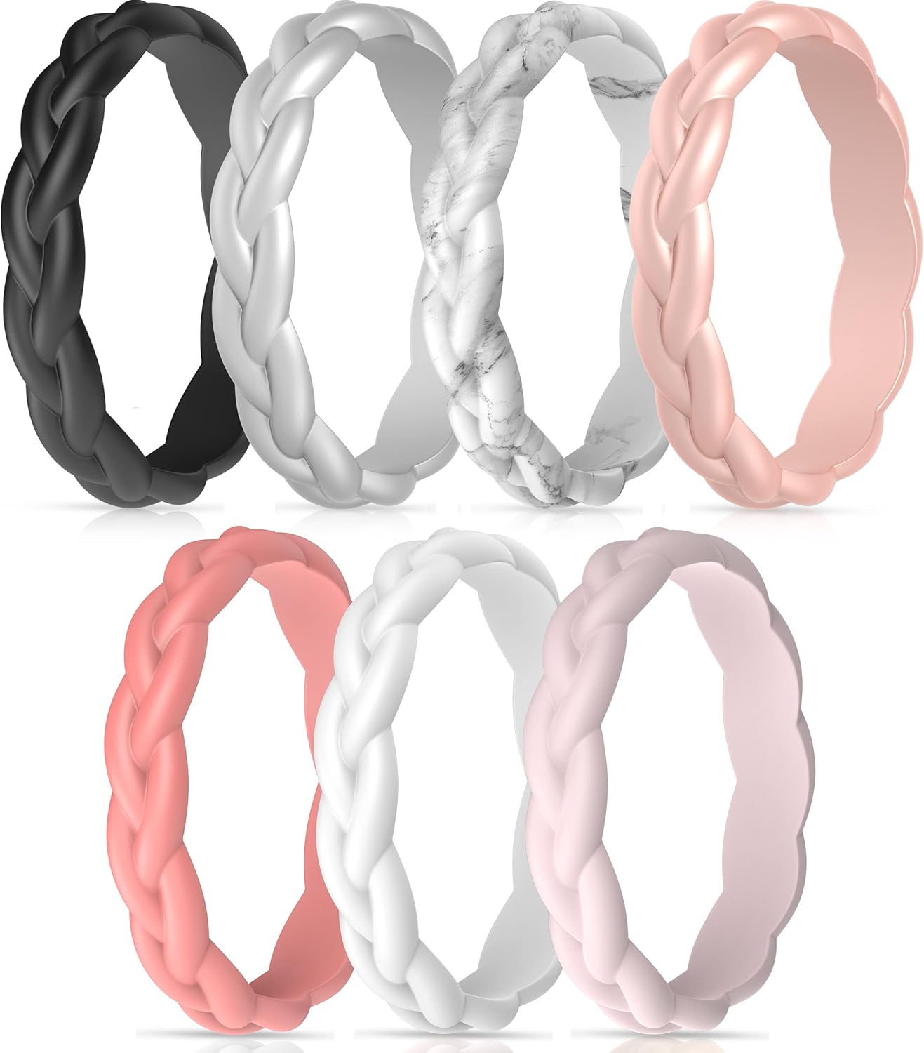 ThunderFit Silicone Wedding Bands for Women, Thin Braided Design 3.3mm Wide 1.8mm Thick - 1/4/7/8 Variety Multipack