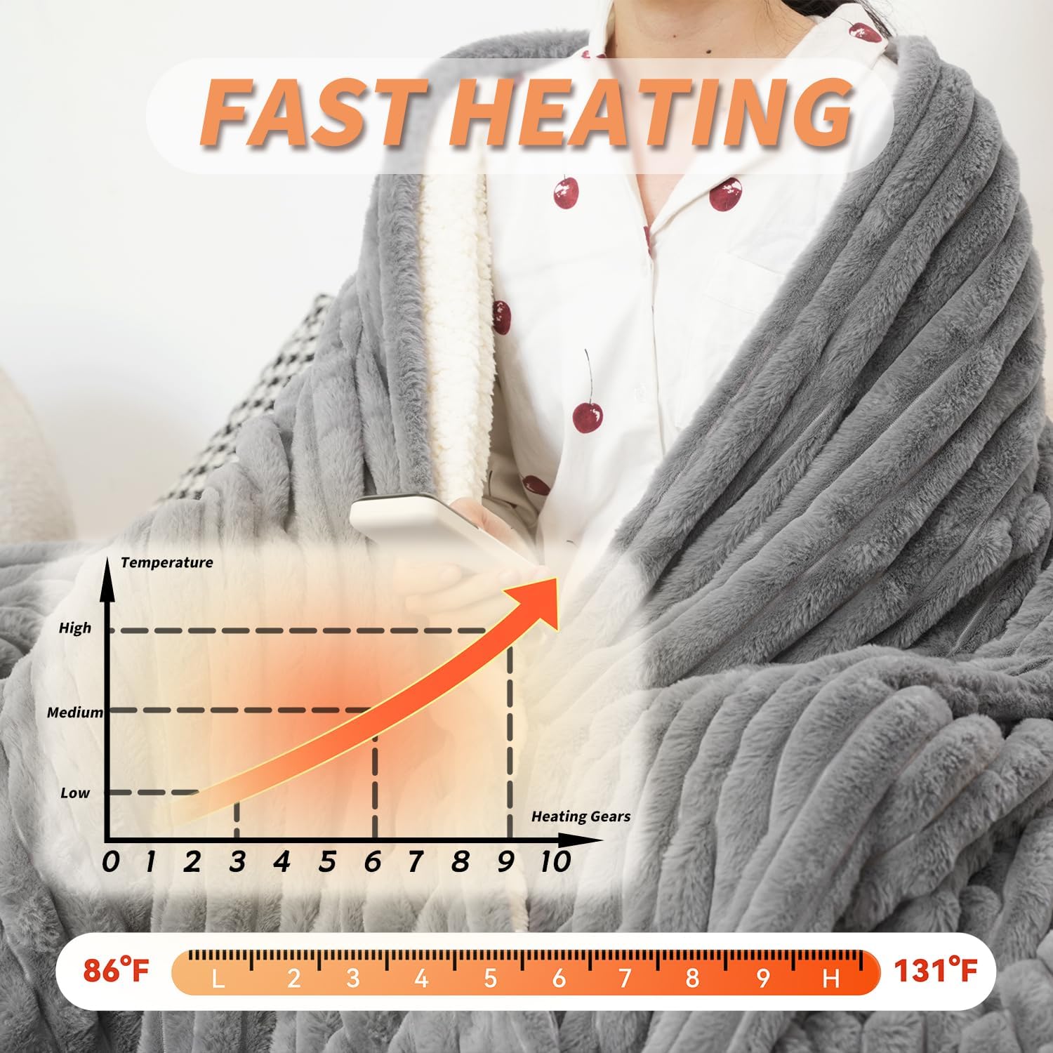 Heated Blanket Queen 84" x 90" Faux Fur & Sherpa Electric Blanket Queen Size with 10 Heating Levels & 1-12 Hours Auto Off, Soft Cozy Heating Blanket Machine Washable, Grey - Image 4