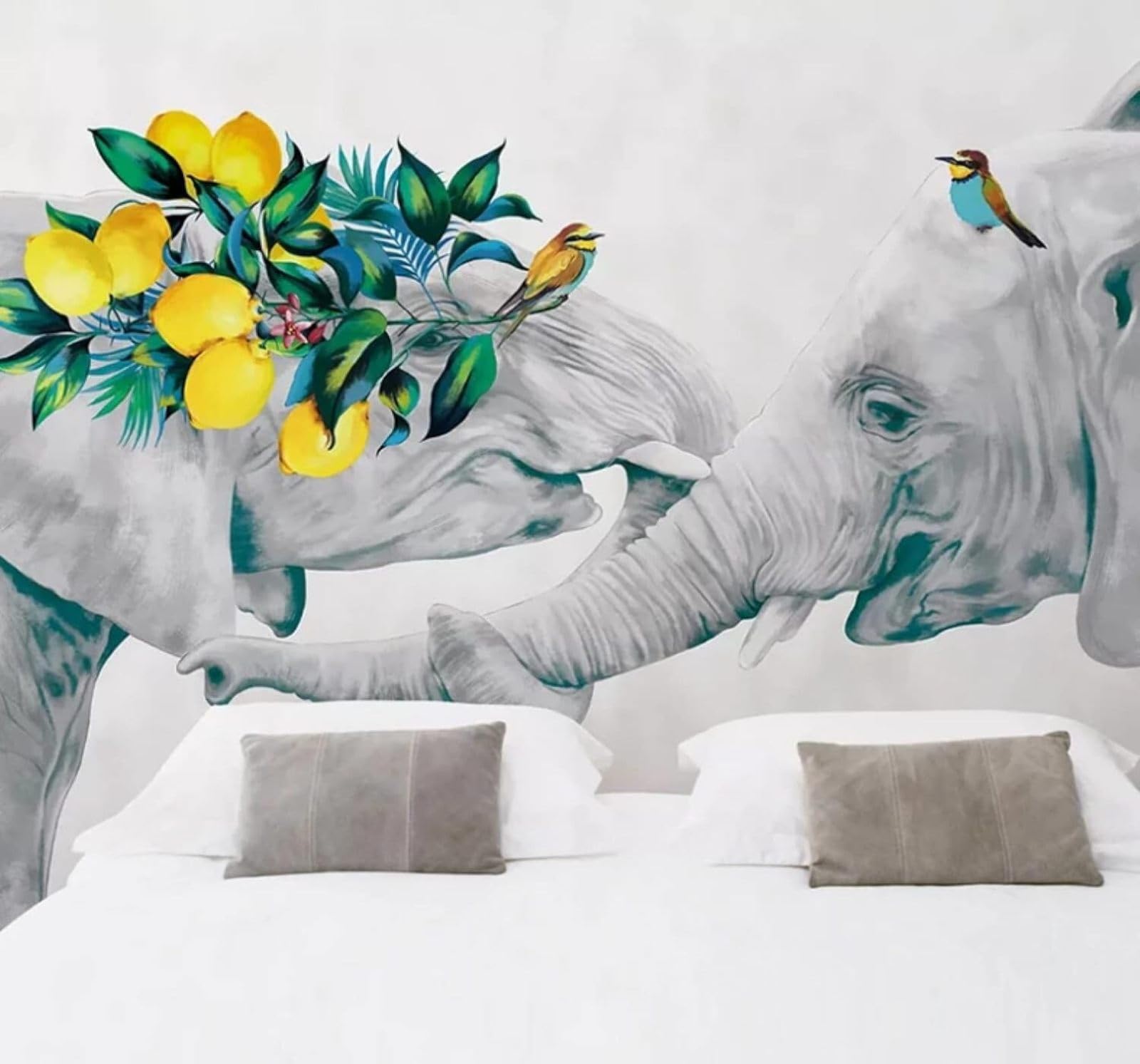 XLMING Minimalist Hand Drawn Elephant Flowers and Birds Art 3D Wallpaper Luxury Home Dining Decor Paste Sofa Living Room The Wall for Bedroom Mural-200cm×140cm