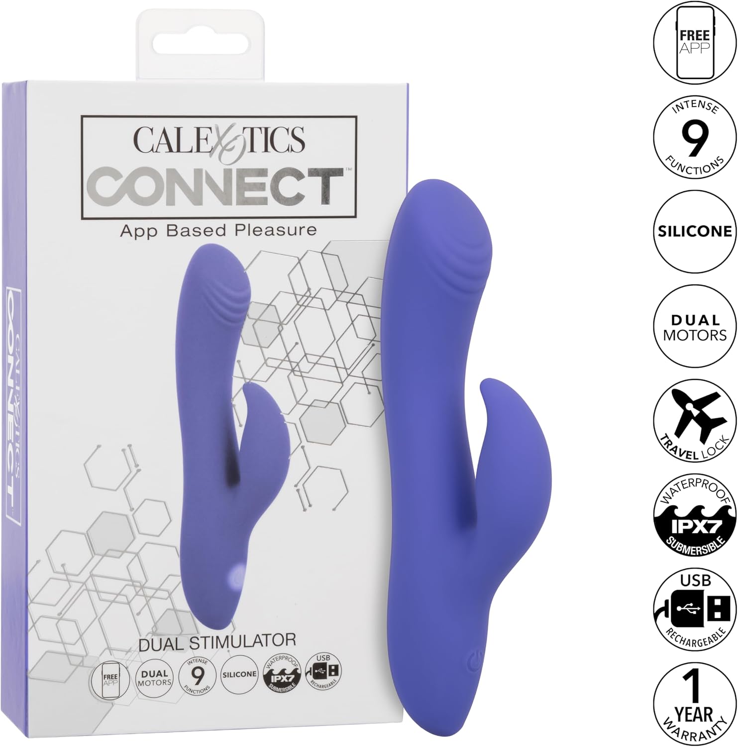 CalExotics Connect Dual Stimulator, 9 Modes Waterproof Silicone Rabbit Vibrator for Women with APP Remote Control - SE-0001-20-3