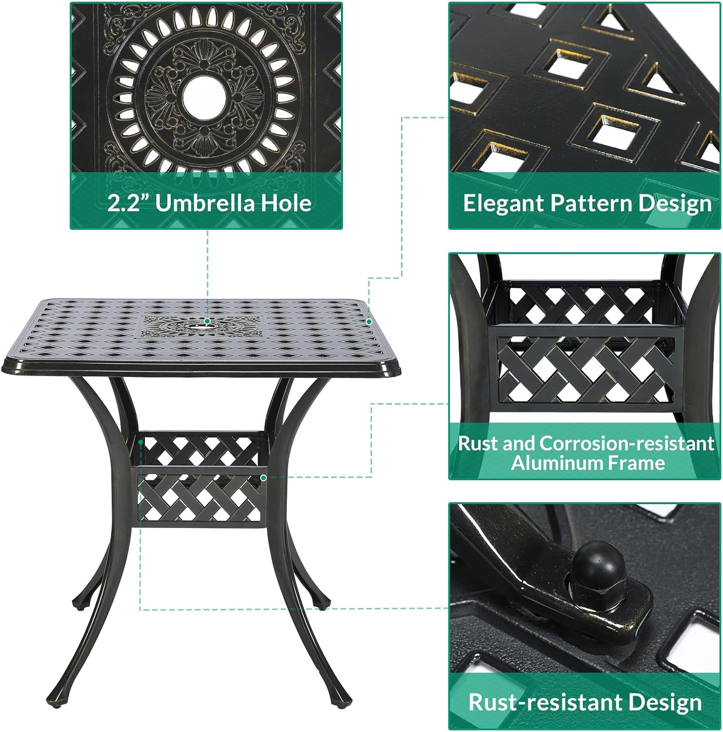 VIVIJASON 30.5" Patio Table Outdoor Dining Square Table Bronze Cast Aluminum Dining Table with Umbrella Hole
