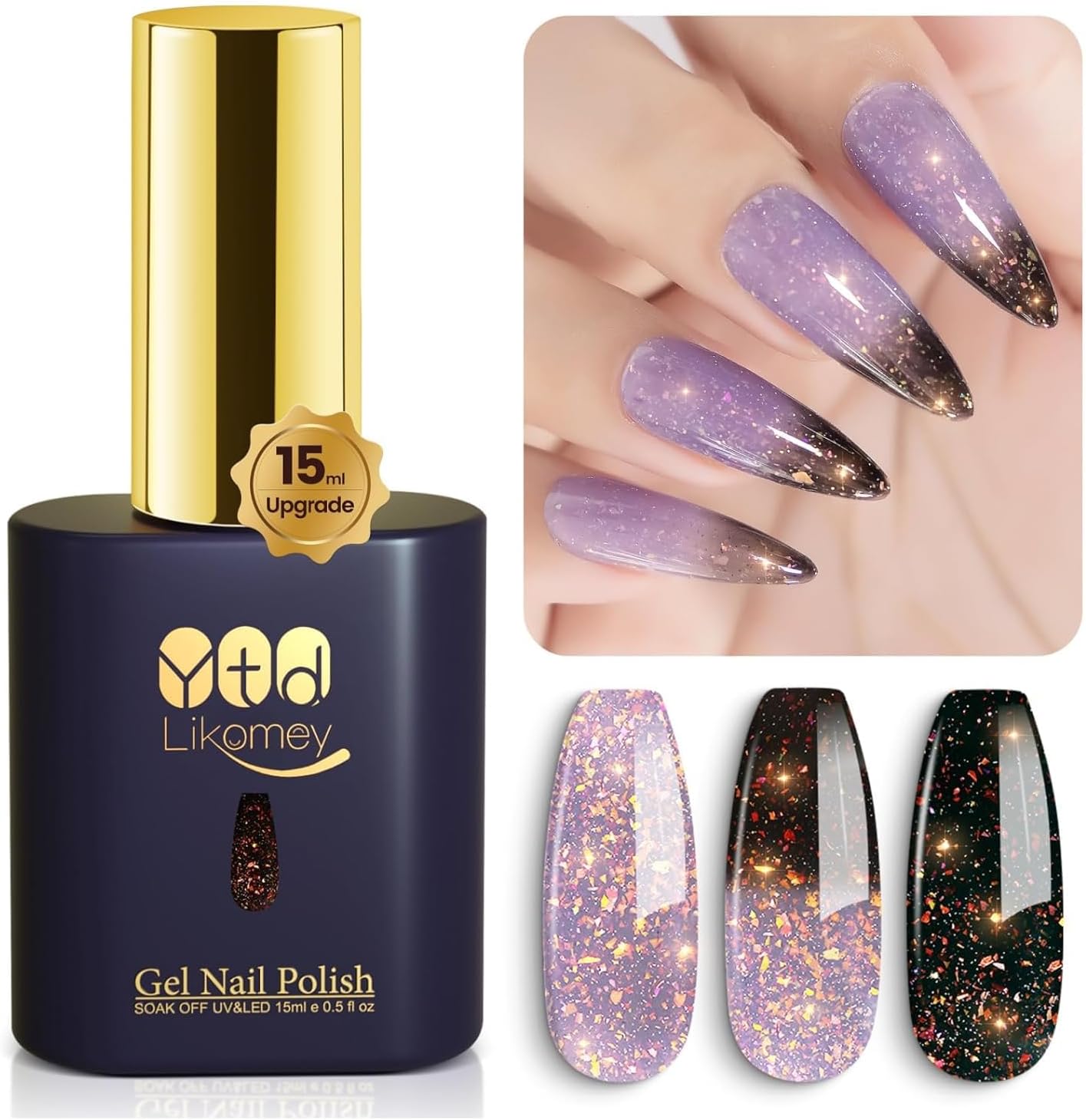 YTD Likomey Brocade Glitter Color Changing Gel Nail Polish,15ml Gray Purple to Black Shimmer Mood Temperature Change Colors Iridescent Flakes, Salon Thermal UV Manicure Gel