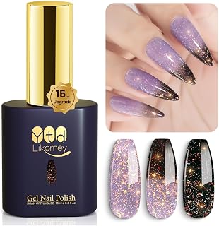 YTD Likomey Brocade Glitter Color Changing Gel Nail Polish,15ml Grayish Purple To Black Shimmer Mood Temperature Change Colors Iridescent Flakes,Fall Winter Ombre Thermal UV Gel,WB348