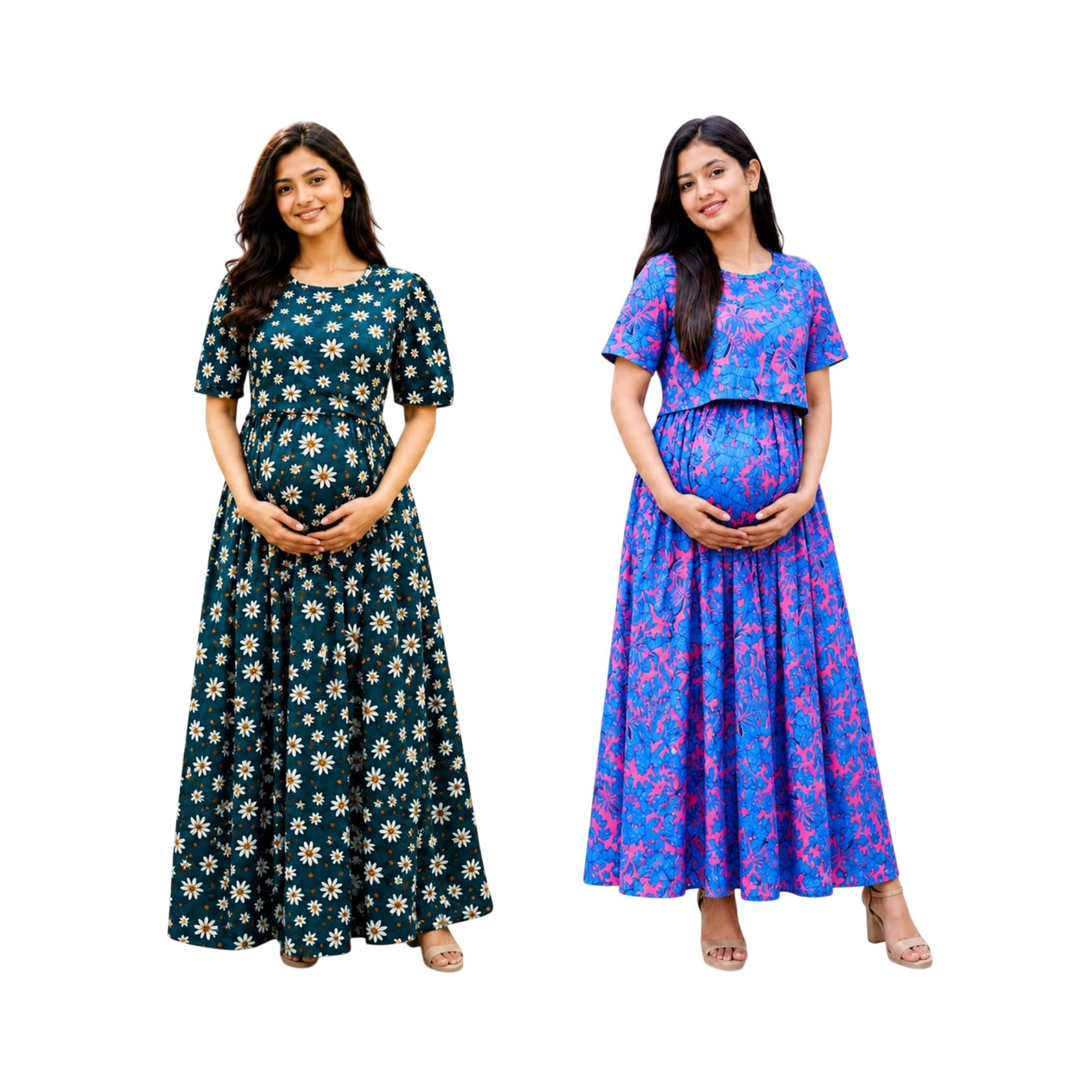 RENIS.Store Women's 100% Cotton Zipless Feeding Maternity Nighty Pack of 2 | Pull Up Nursing Night Dress, Feeding Wear Back Tie with Side Pocket | Green Color & Blue, Pink | Size - M-image-26