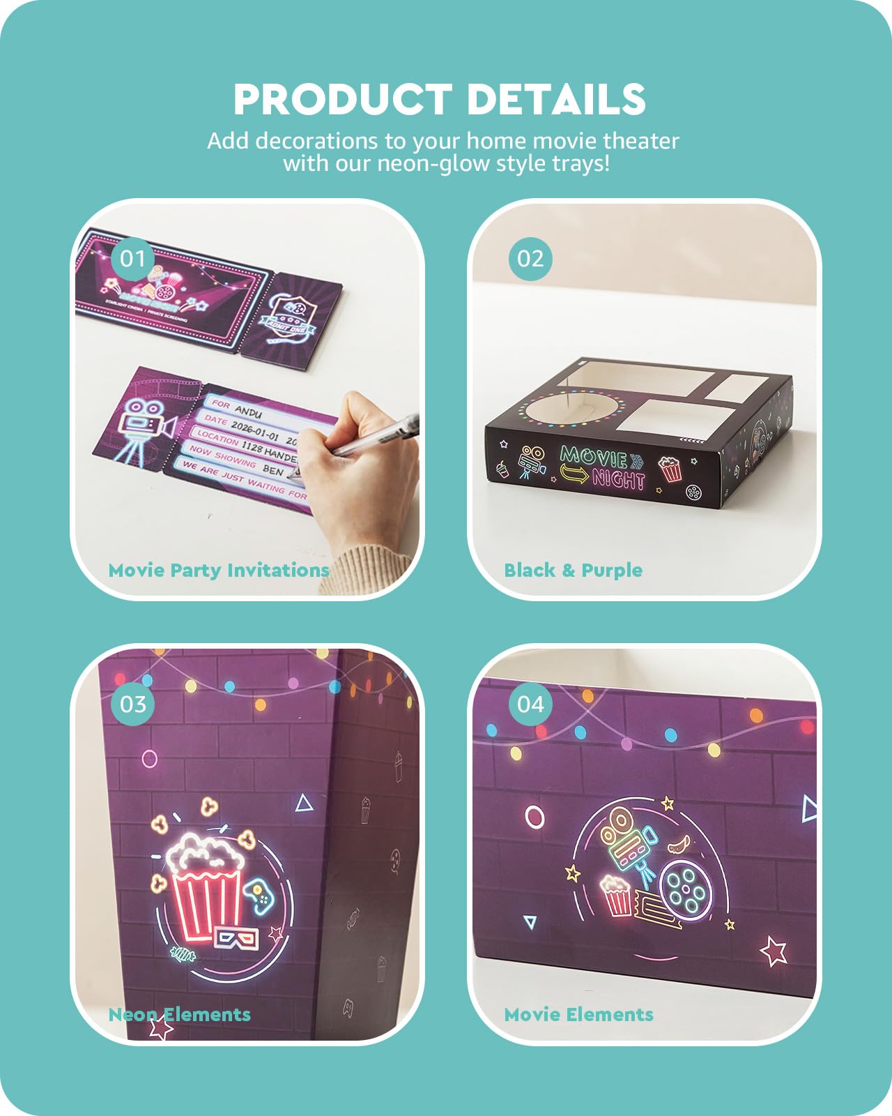 Baffect Lot de 40 plateaux à goûter Movie Night comprenant 10 plateaux néon pour soirée cinéma, 10 boîtes à popcorn, 10 saladiers, 10 invitations de fête cinéma, fournitures de soirée cinéma en plein