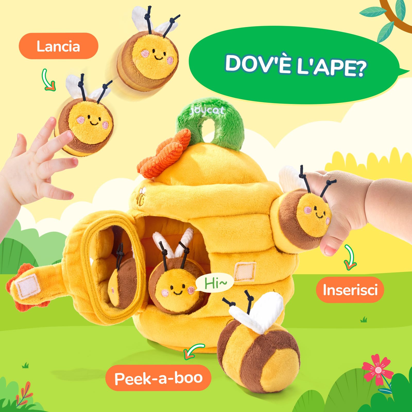 JoyCat Giochi Neonato 6-12 Mesi, Baby Alveare Morbido con 5 Api di Peluche, Sonaglio e Specchio, Giochi Montessori 6 8 9 Mesi, Gioco Bambino Sensoriale Regalo Bimbo Bimba 1 Anno