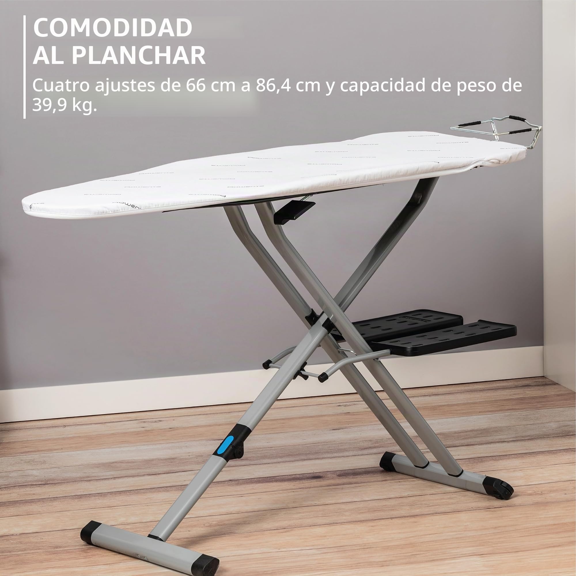 Rowenta IB9100 Pro - Tabla de Planchar Plegable Profesional compacta para Ahorrar Espacio, 4 Patas con estantes para Colgar y Funda de algodón, 18 54 Pulgadas, Beige, Metal, 18 x 54 Pulgadas