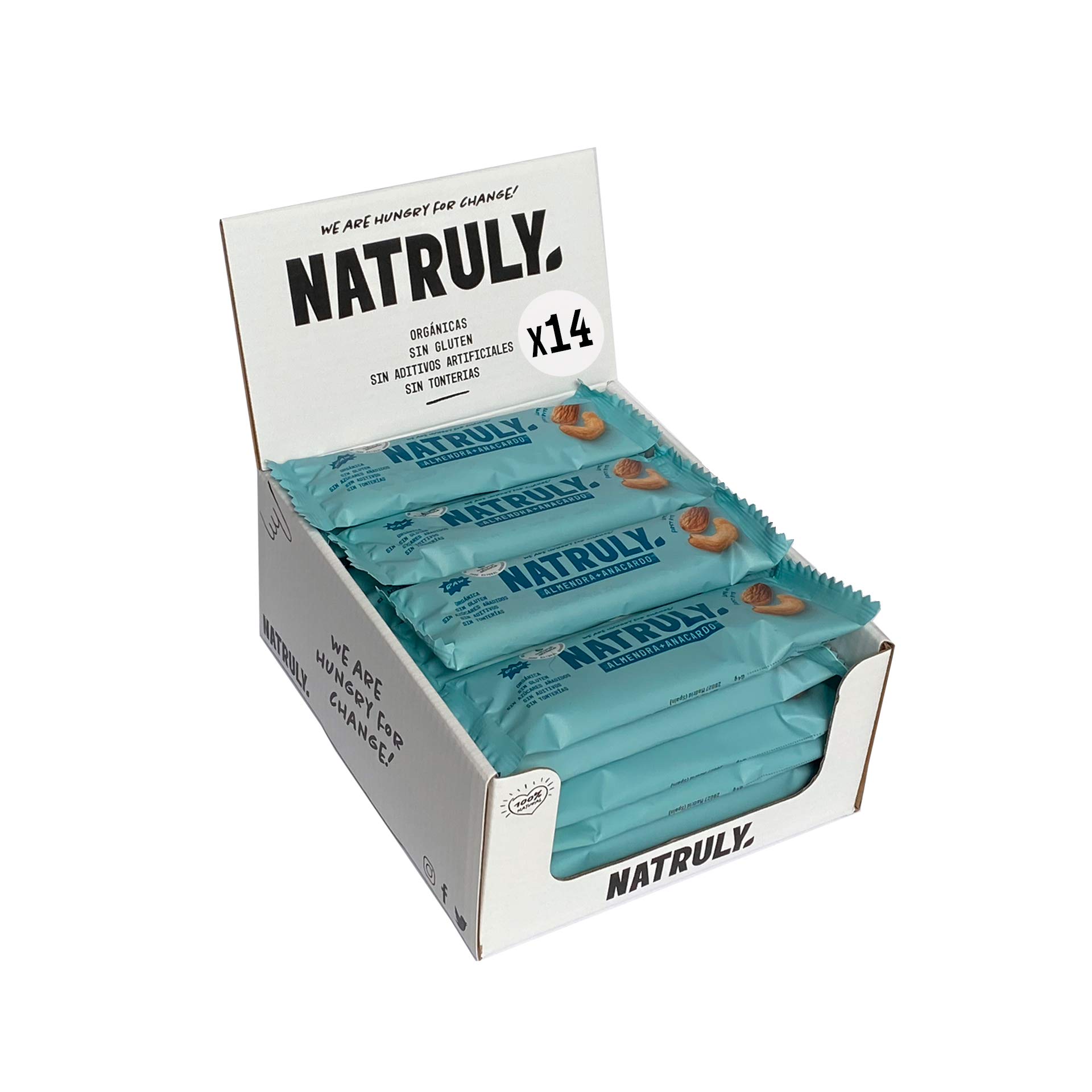 NATRULY Barritas Energéticas BIO Almendra y Anacardo Sin Azúcar Añadido, 100% Natural y Orgánicas, Sin Gluten, Vegana -Pack 14x40g