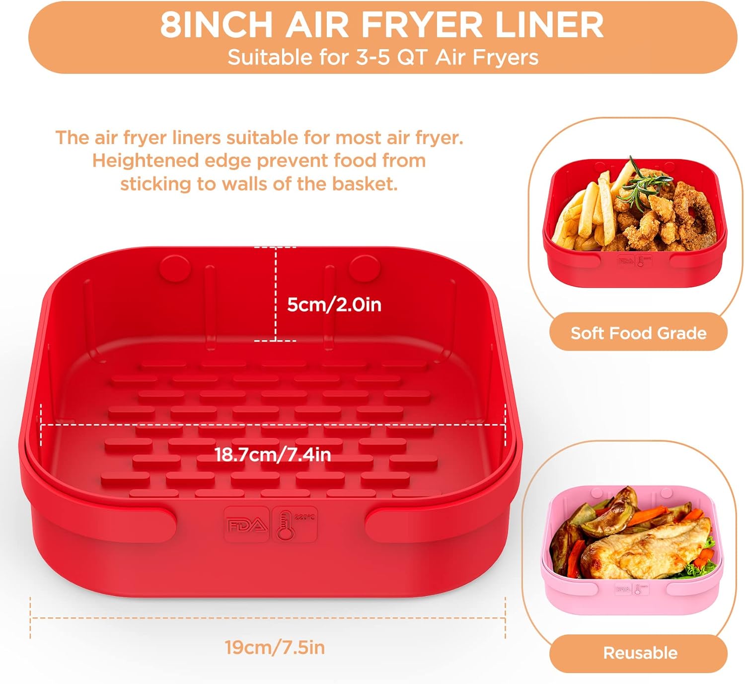 Haphiz 2PCS Square Silicone Air Fryer Liners Pot Basket Bowl 7.5 Inch Reusable Air Fryer Inserts Baking Tray Oven Accessories Washable Replacement of Parchment Paper Liners for 3 to 6 QT Air Fryer