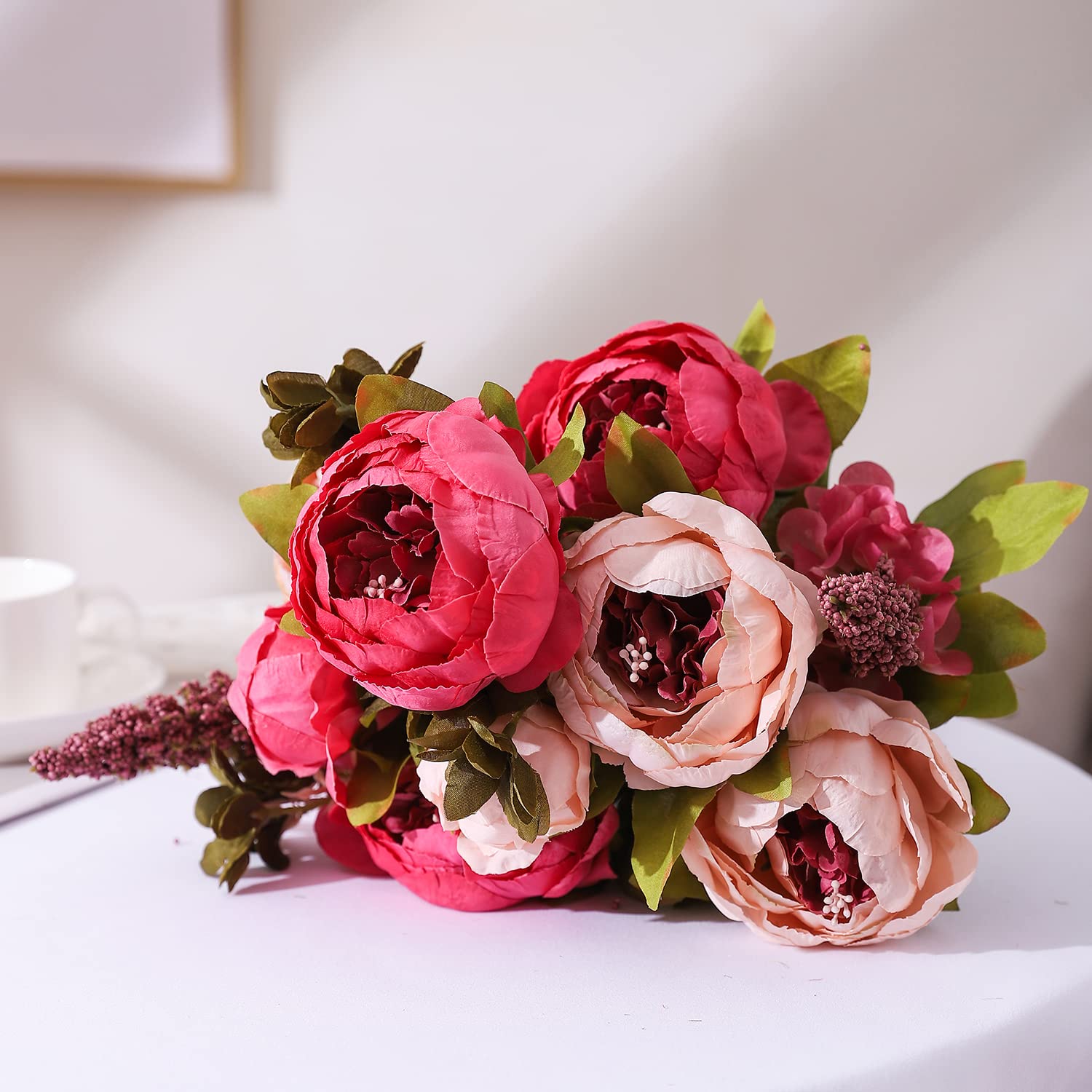Duovlo Fake Flowers Vintage Artificial Peony Silk Flowers Wedding Home Decoration,Pack of 1 (Dark Pink) - Image 4