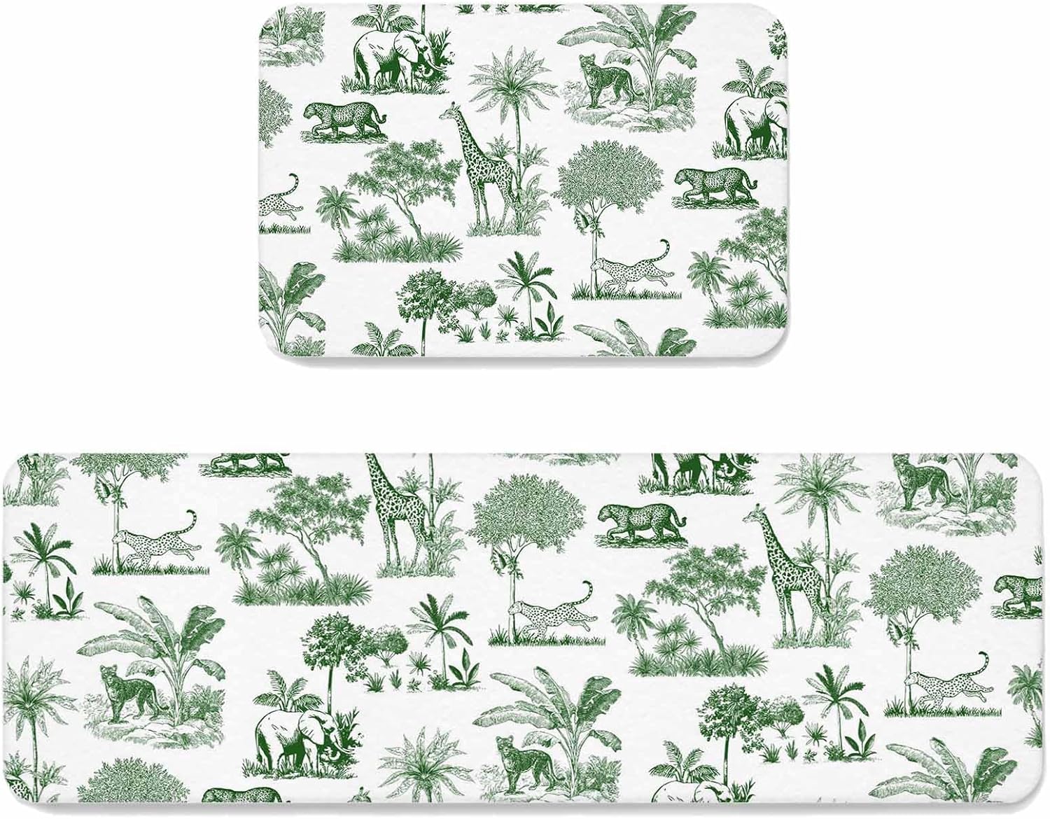 Prime Leader Forest Animal Kitchen Mat Set 2 Pieces Vintage Forest Elephant Giraffe Green Non Slip Kitchen Rugs Washable Runner Rug Mats for Sink Laundry (15.7" x 23.6"+15.7" x 47.2")