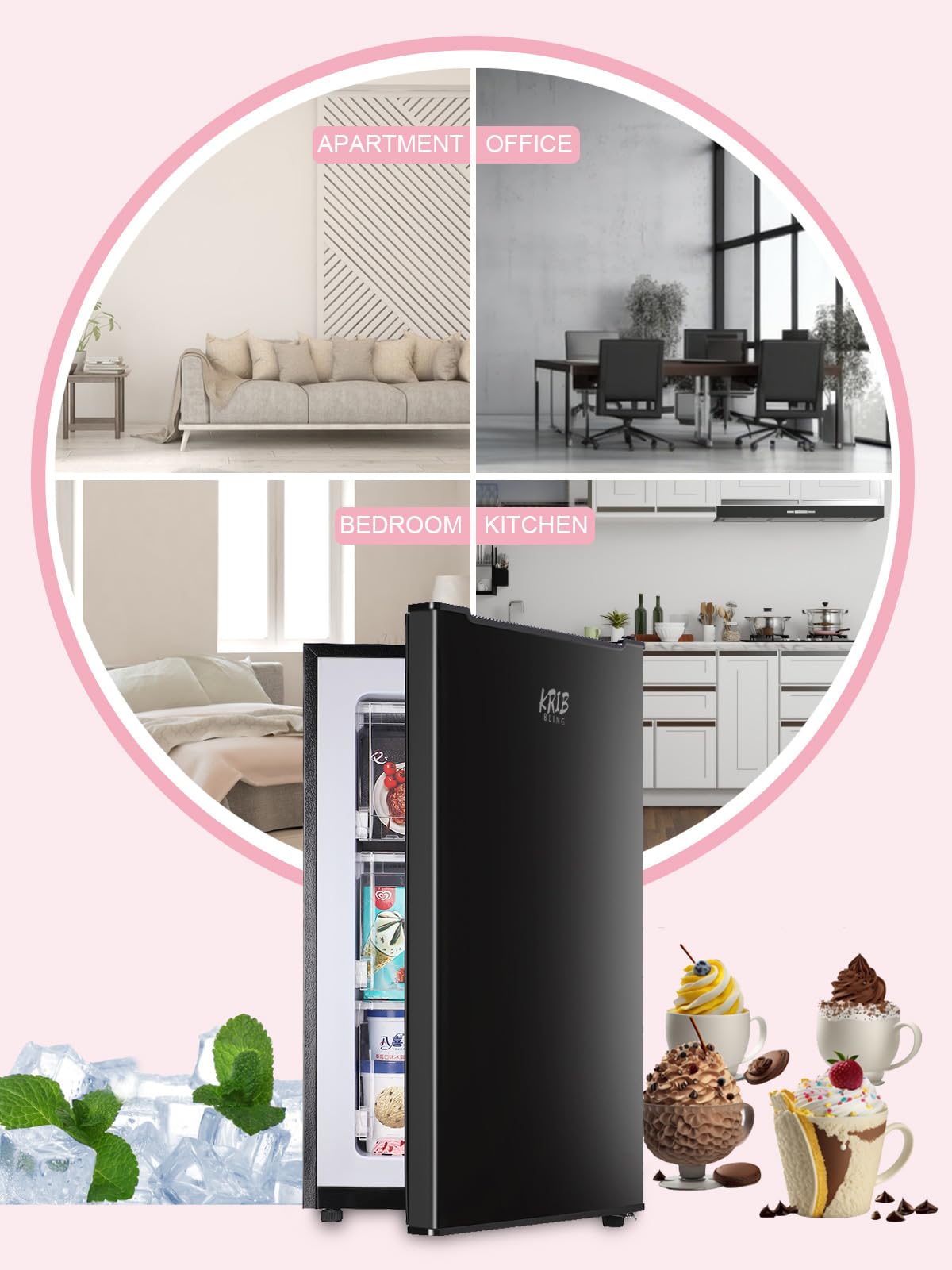 3.2 Cu.Ft Upright Freezer With 3-Grade Temperature Control, Krib Bling Mini Freezer With Wire Shelves, Suitable For Basement, Office, Black on Fridge.com - View 3