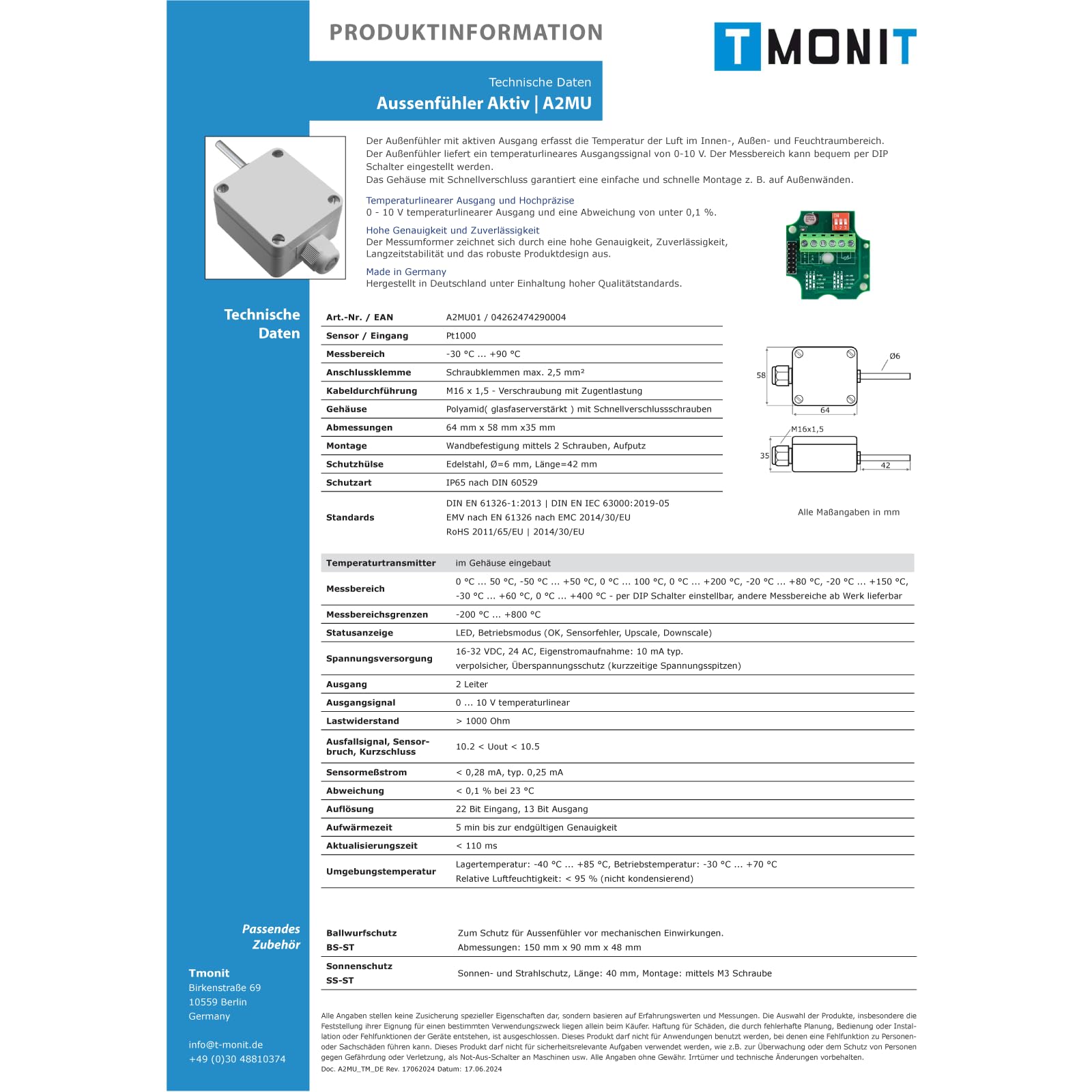 Transducteur de température extérieure 0-10 V ou 4-20 mA | Plage de mesure réglable | Fabriqué en Allemagne | Réponse rapide | Capteur PT1000, IP65, industrie, chauffage, ventilation