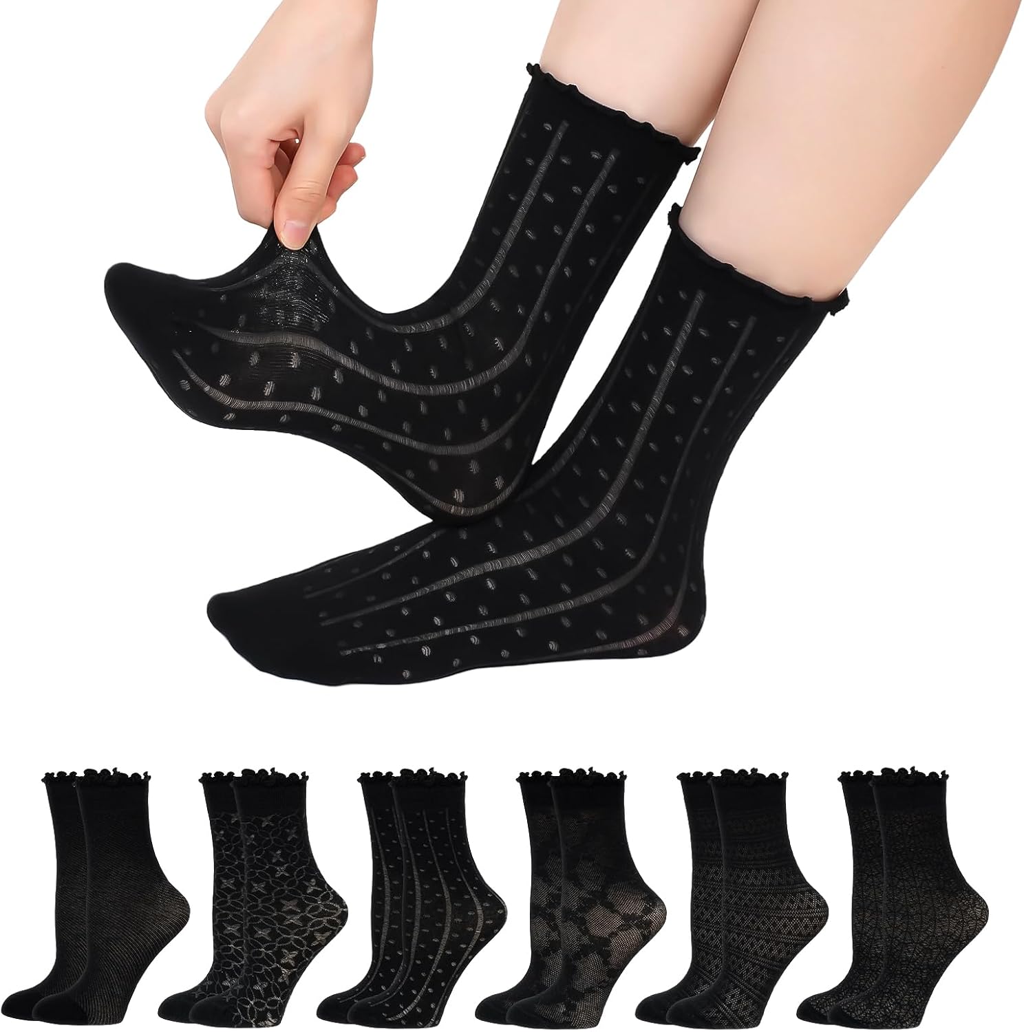 Artfasion Women's Ruffle Crew Socks: Thin Cotton Dress Socks with Mesh Lace Pattern 6pairs
