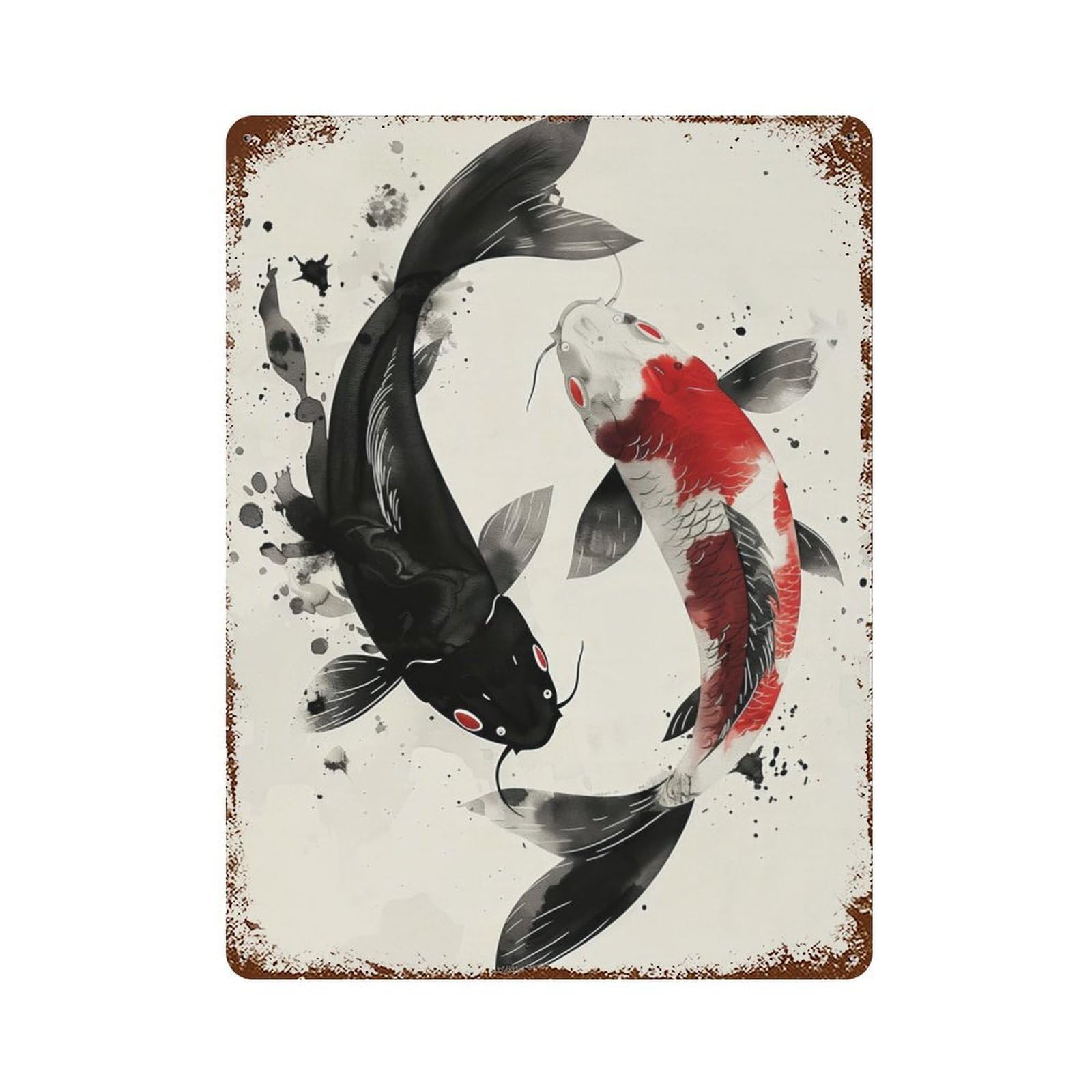 Koi Fish Couple Balance Rusty Metal Tin Sign 15.7"x11.8", for Patio, Garden Room And Bar Decor, Old School Wall Decor