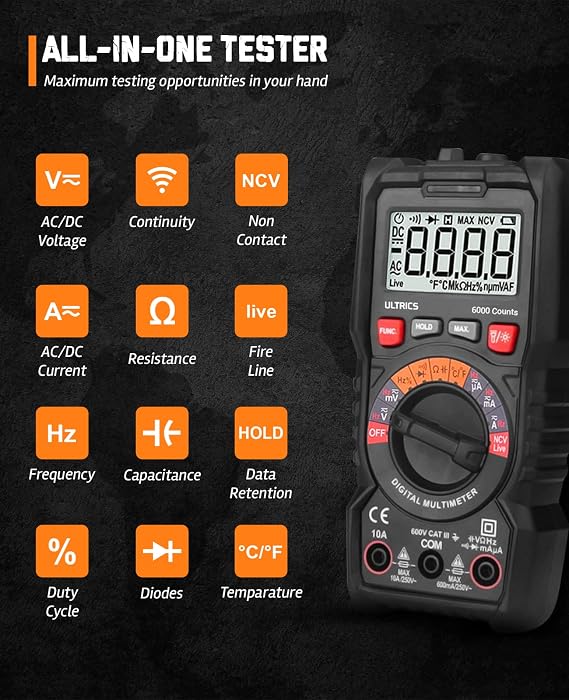 ULTRICS Digital Multimeter, Auto Ranging Multi Tester Voltmeter Ammeter Ohmmeter TRMS 6000 Counts, Test Meter with Leads, Backlit LCD Measures OHM AC/DC Voltage Current Resistance Continuity Diode