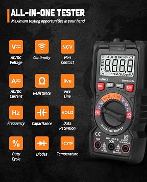 ULTRICS Digital Multimeter, Auto Ranging Multi Tester Voltmeter Ammeter Ohmmeter TRMS 6000 Counts, Test Meter with Leads, Backlit LCD Measures OHM AC/DC Voltage Current Resistance Continuity Diode