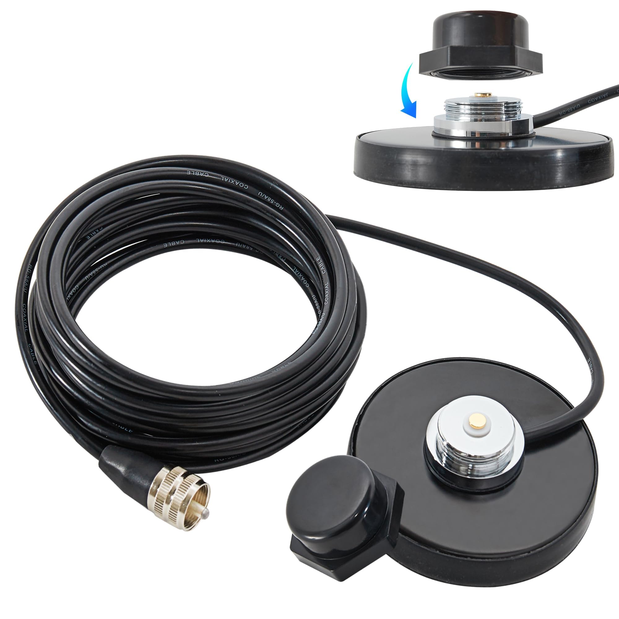 Anina NMO Antena magnética de montaje en base de 16.4 pies RG58 cable coaxial PL-259 enchufe con tapa de montaje de antena NMO para radio CB Ham camión, radio marina VHF