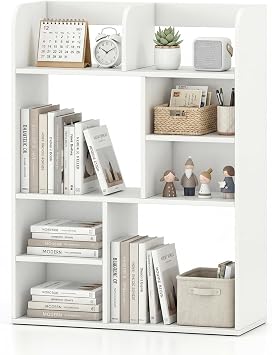 Tangkula Desktop Bookshelf, 5-Tier Desktop Display Rack with 4 Open Shelves & 4 Cubes, Modern Tabletop Bookcase Organizer for Computer Desk, Countertop Storage Hutch for Home Office Dorm White
