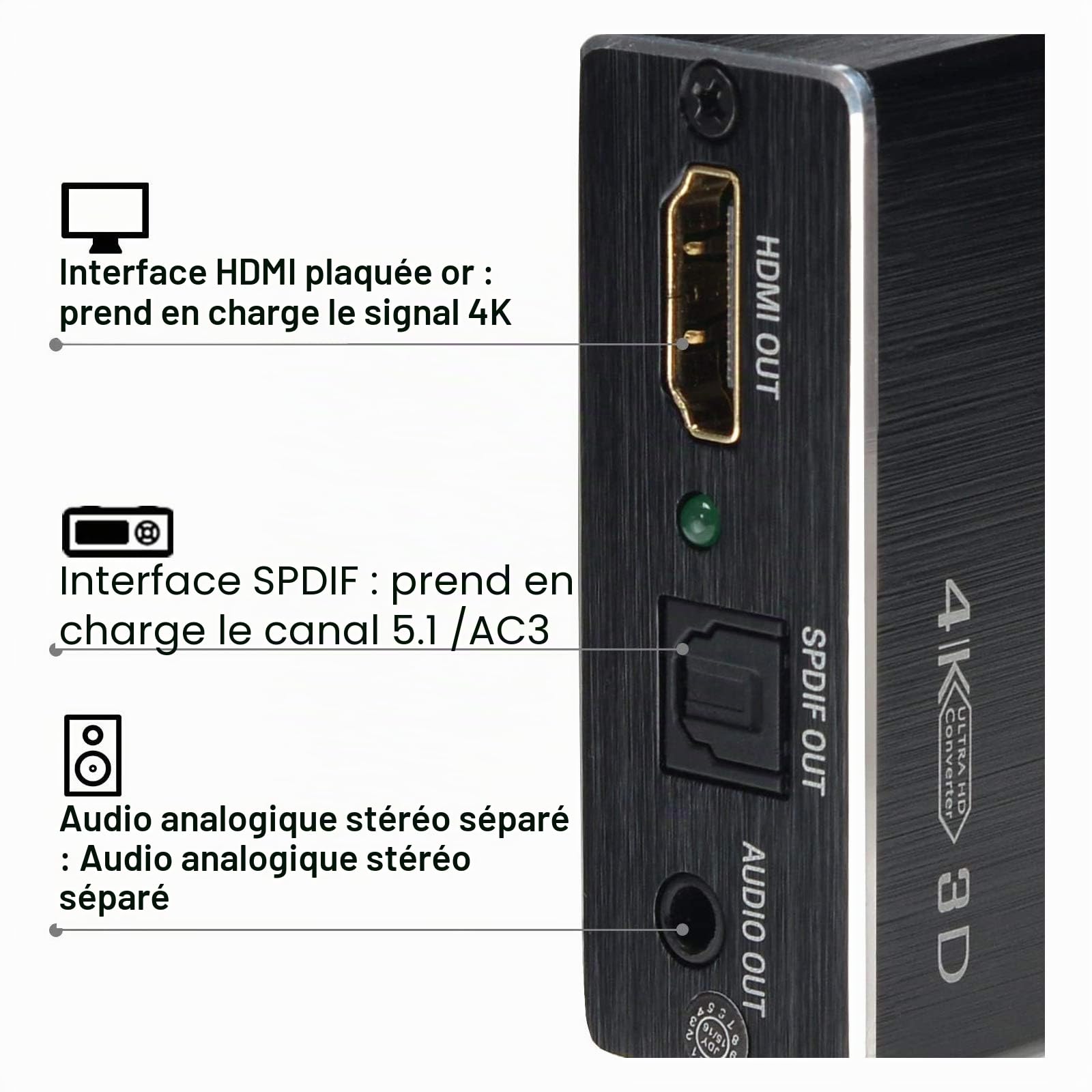 AGPTEK Extracteur Audio Switch HDMI SPLITTER 4K avec MHL, ARC, By-pass, EDID, 5.1CH/2CH, IR Support Full HD 1080P, 3D (Audio Extracteur/HDMI Switch 4K * 2K)