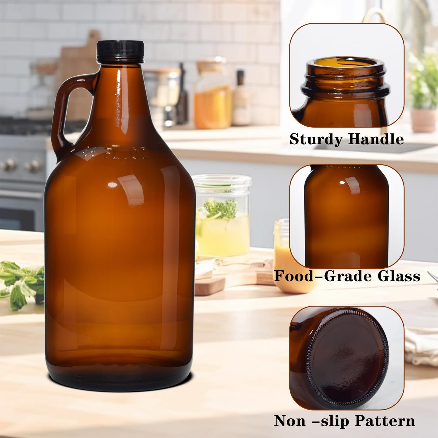 Amber Glass Growlers for Beer 64 oz,3 Pack Half Gallon Glass Jug with Seal Cap and Handle for Home Brewing,Kombucha,Water - Image 3