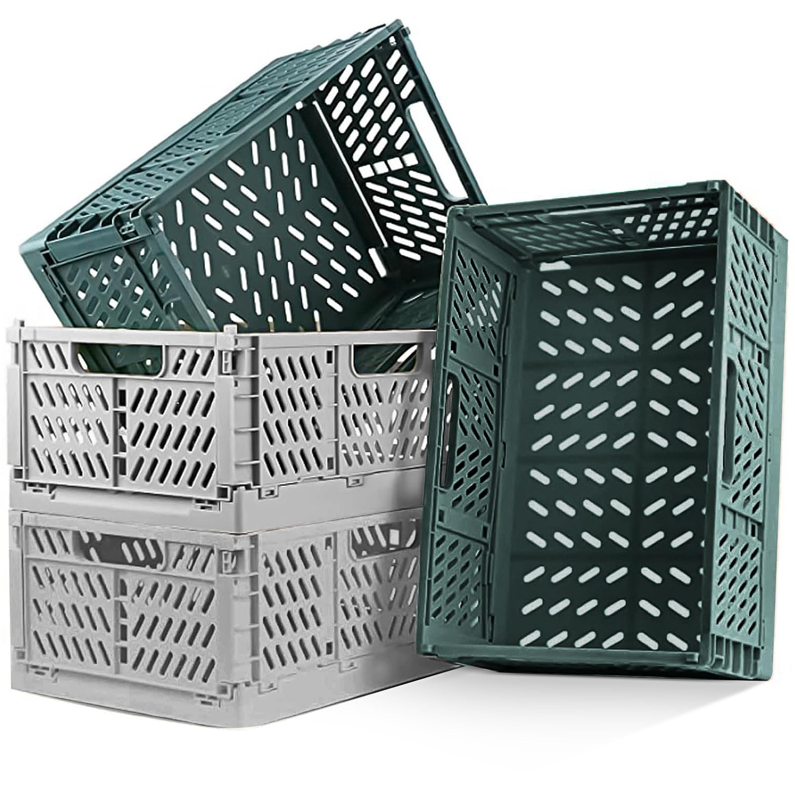 Set di 4 scatole pieghevoli in plastica robusta - Contenitore di stoccaggio impilabile - Per l'organizzazione della cucina, della camera da letto, dell'ufficio, del giardino (verde scuro + grigio, 48