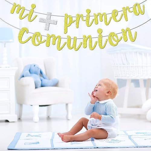 Miniatura 3 de Mi Primera Comuniòn Banner – Bautismo de bebé/Primera Comunión – Dios bendiga a este niño Baby Shower boda fiesta decoración suministros (purpurina