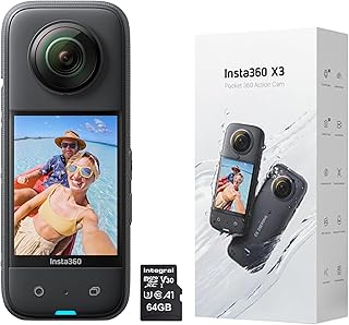 Instai360, X3-360 Degree WaterproofAction Camera with 1/2" Sensor, 5.7K 360, 72MP 360 Photos, Stabilisation, 2.29" Touch Screen, AI Editing, Live Streaming, Webcam, Voice Control with 64GB Memory Card
