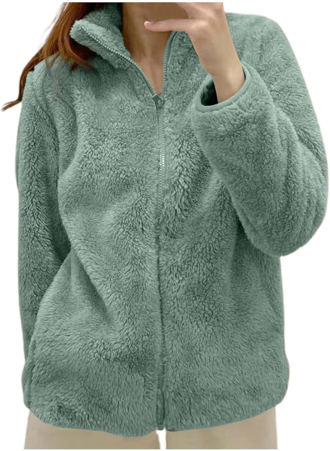 Veste Polaire Femme Zippée Sans Capuche – Manteau Chaud Doublé Sherpa Col Montant Grandes Tailles Hiver