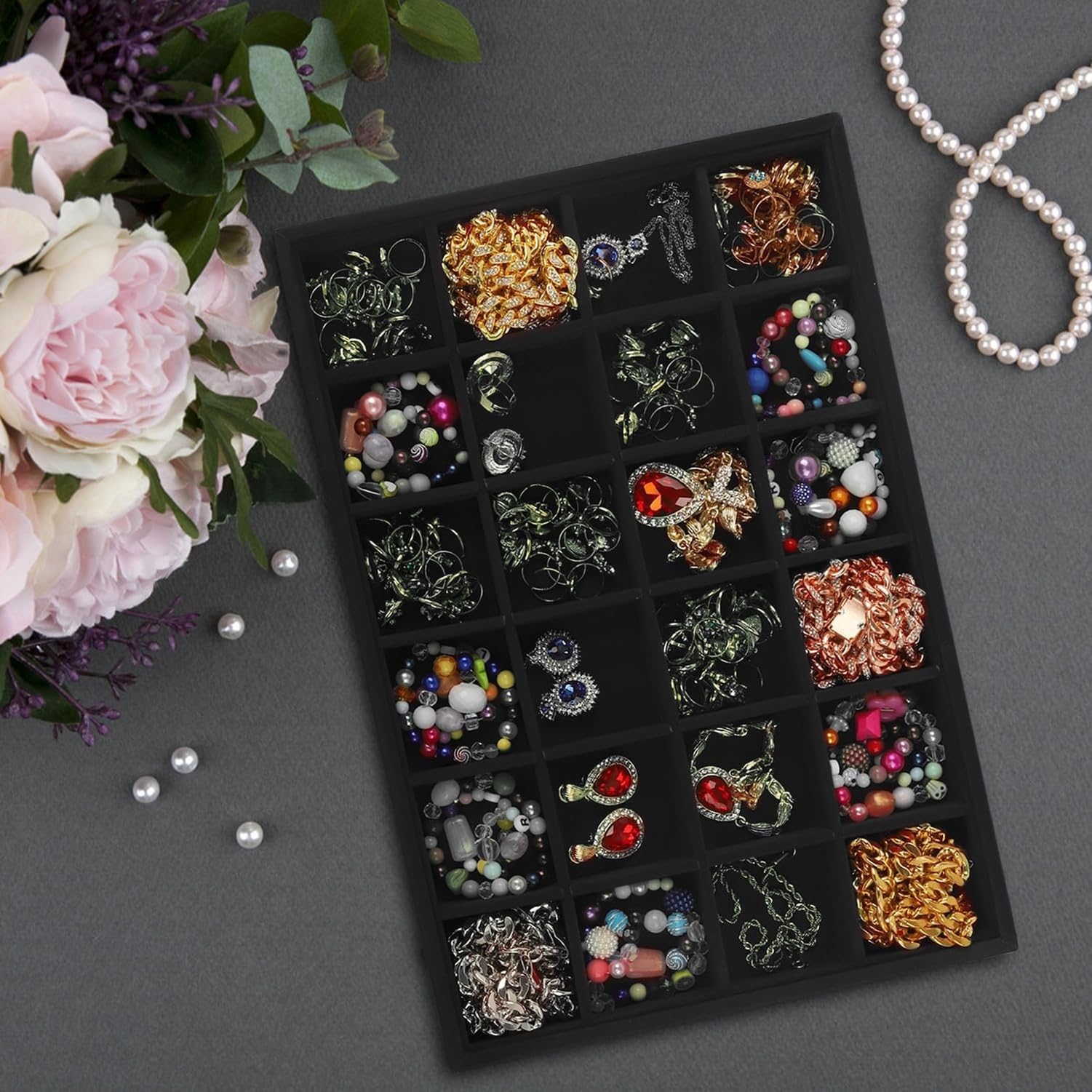 Organizador de joyas apilable con 3 bandejas, 24 rejillas para anillos y aretes, soporte para cajón y exhibición, Uso en tocador, Nero