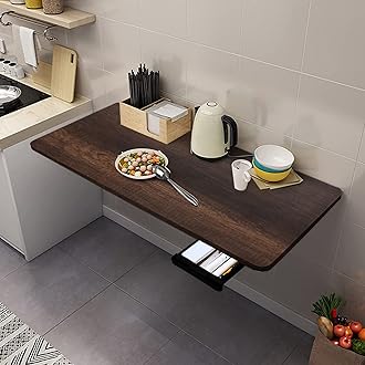 QARA (31.5 x 18 inches Wall Mounted Table with Drawer|Folding Round Corner Study Table|Wall Table Foldable {Dark Oak}